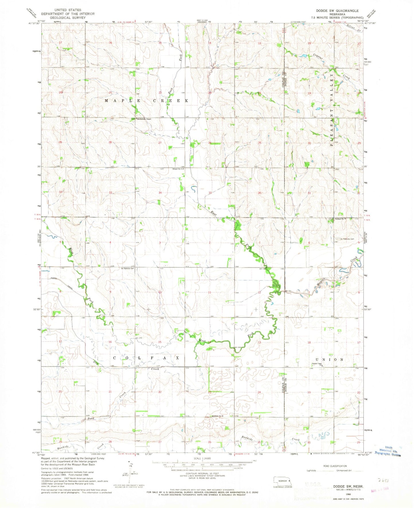 Classic USGS Dodge SW Nebraska 7.5'x7.5' Topo Map Image