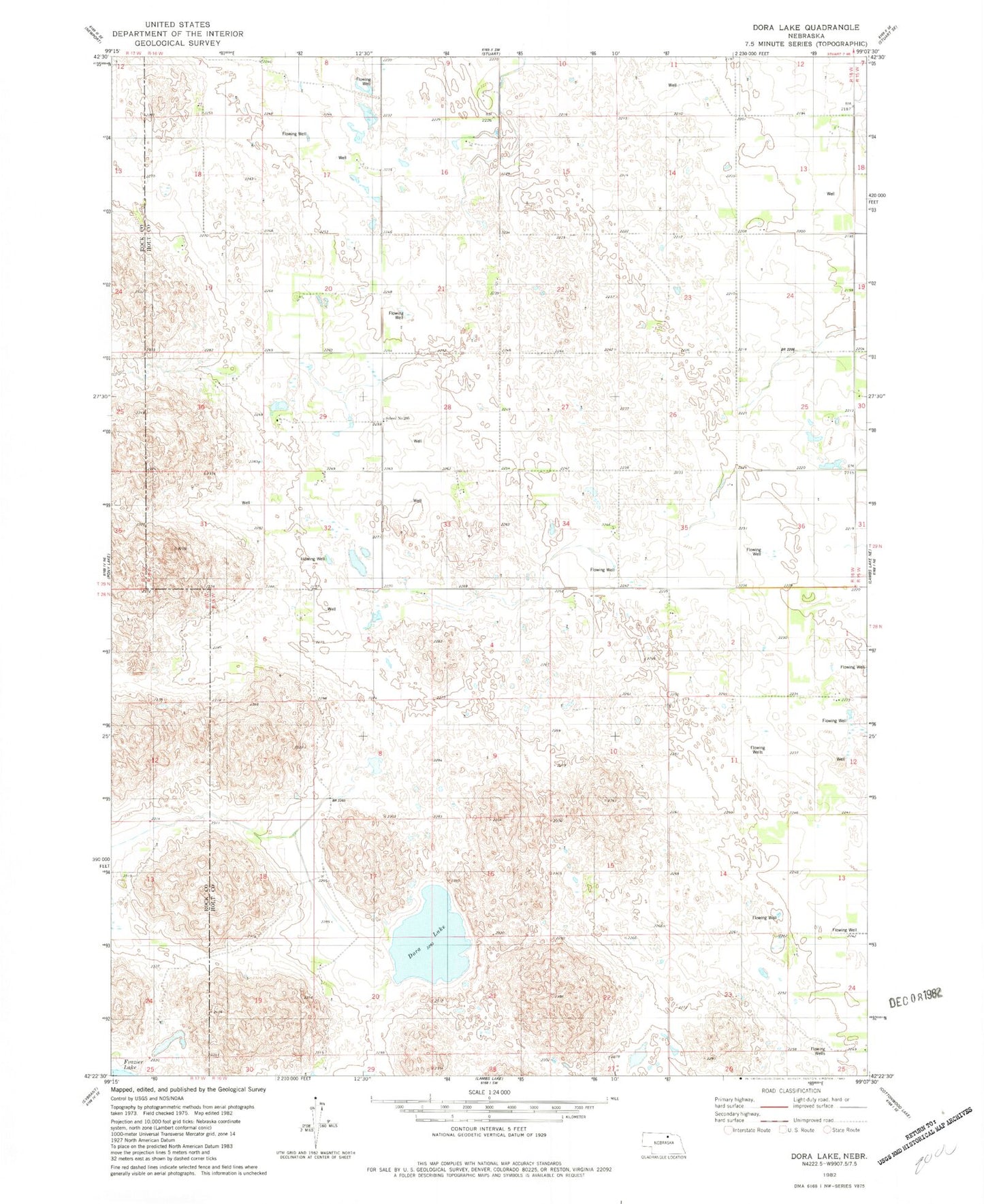 Classic USGS Dora Lake Nebraska 7.5'x7.5' Topo Map Image