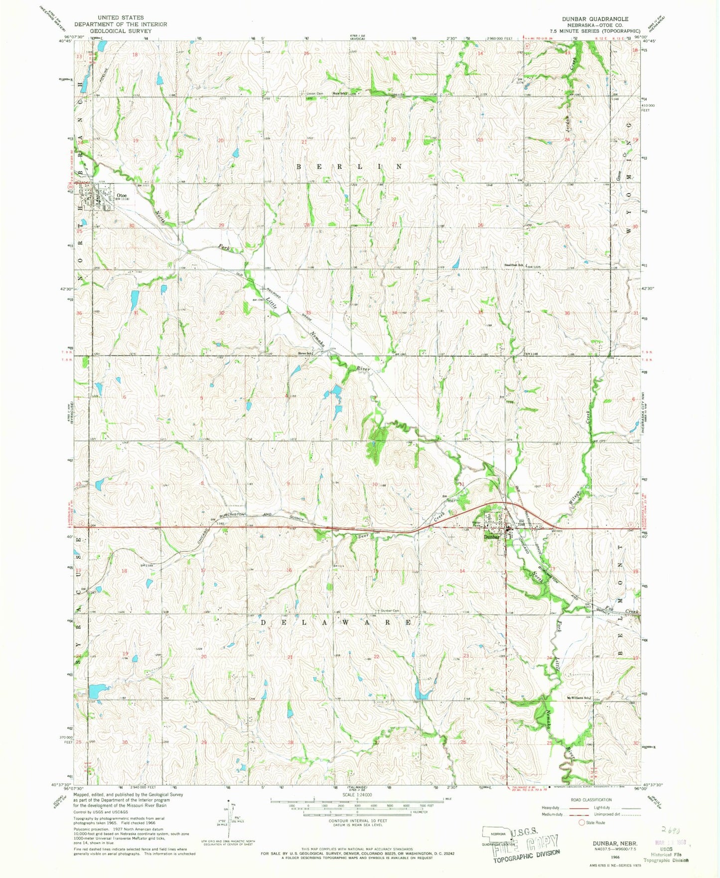 Classic USGS Dunbar Nebraska 7.5'x7.5' Topo Map Image