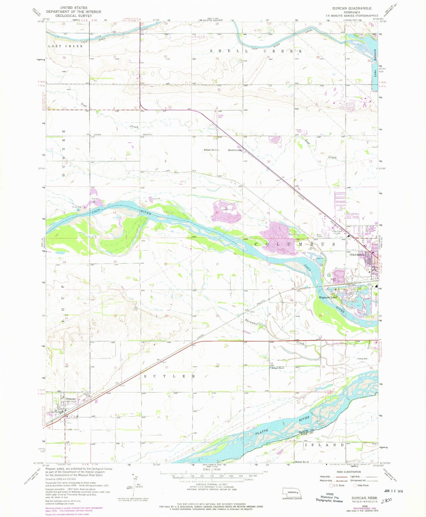 Classic USGS Duncan Nebraska 7.5'x7.5' Topo Map Image