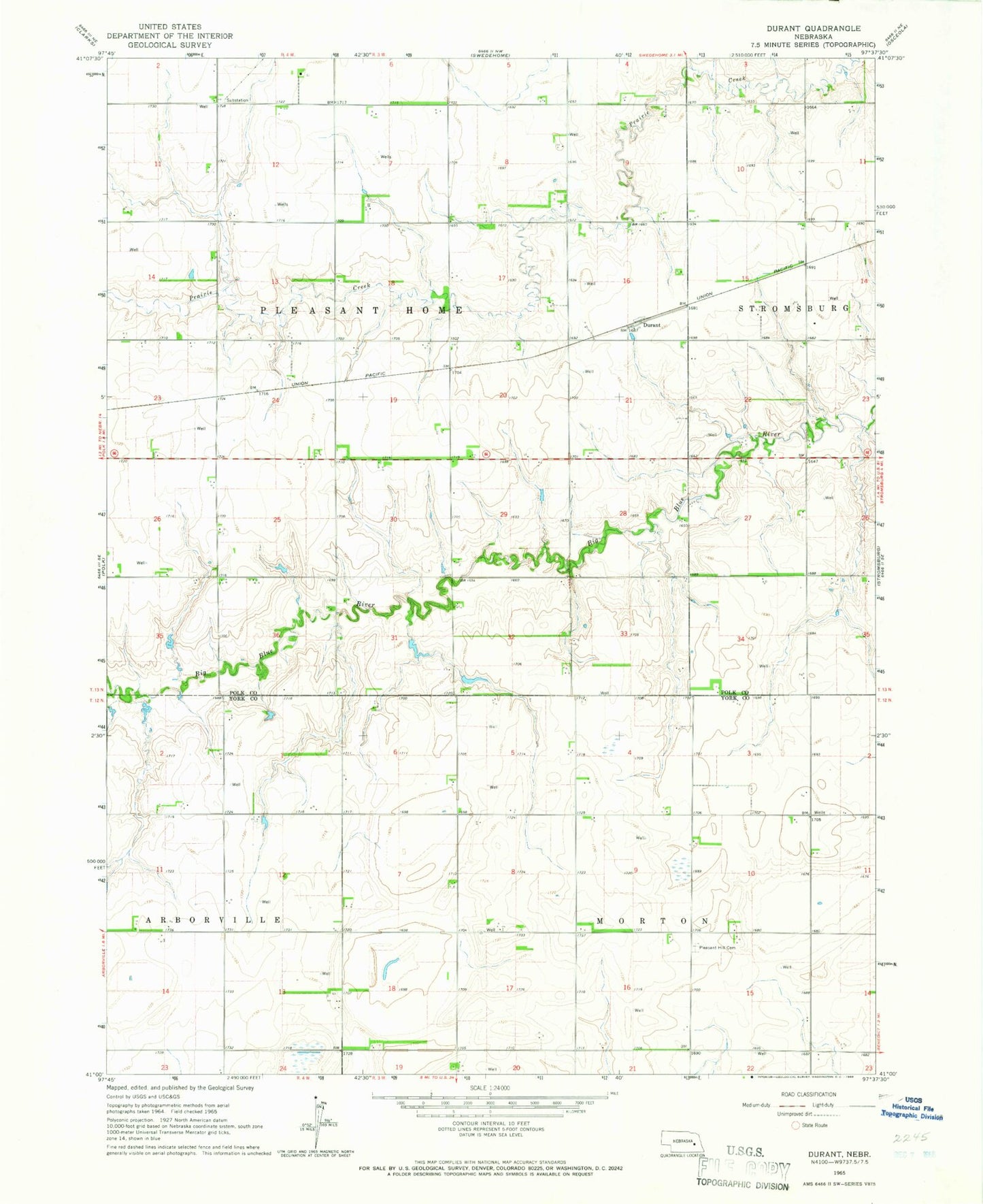 Classic USGS Durant Nebraska 7.5'x7.5' Topo Map Image