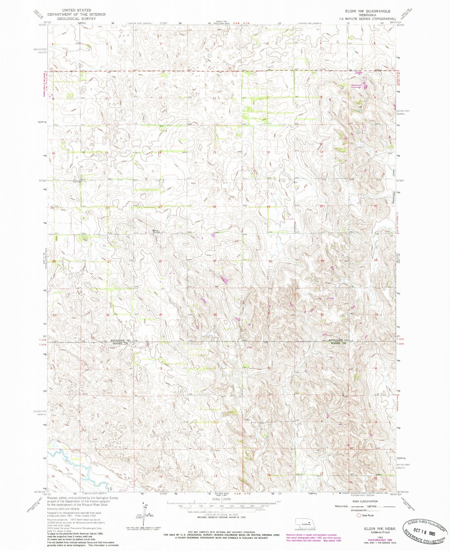 Classic USGS Elgin NW Nebraska 7.5'x7.5' Topo Map Image