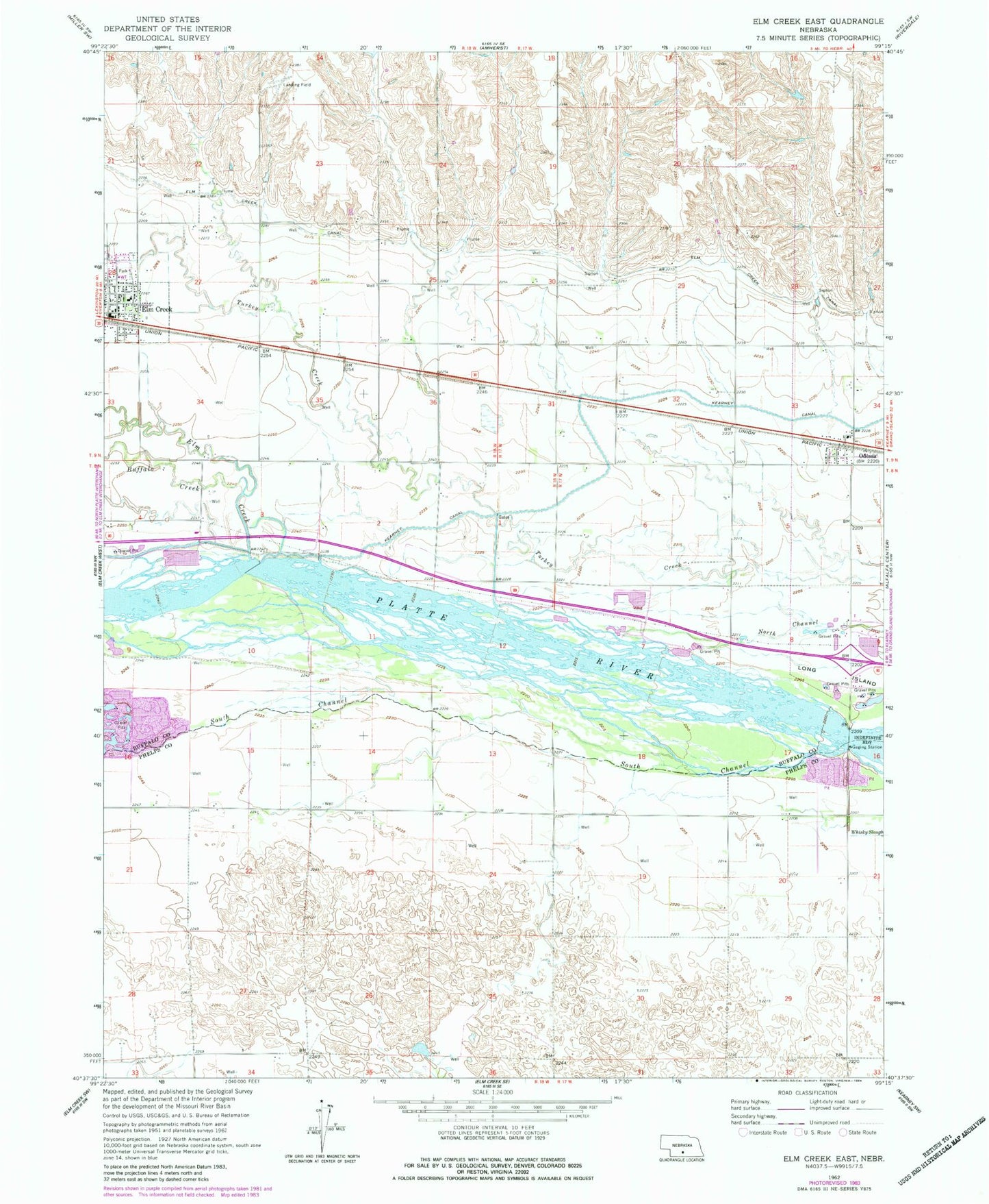 Classic USGS Elm Creek East Nebraska 7.5'x7.5' Topo Map Image