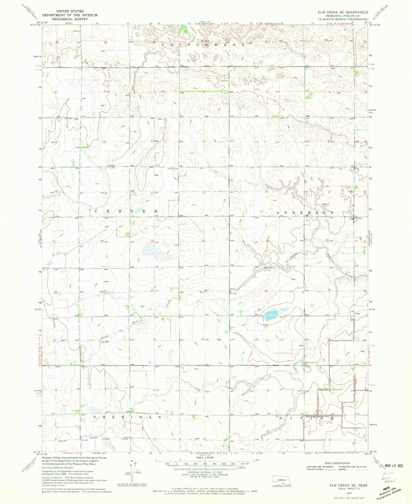 Classic USGS Elm Creek SE Nebraska 7.5'x7.5' Topo Map Image