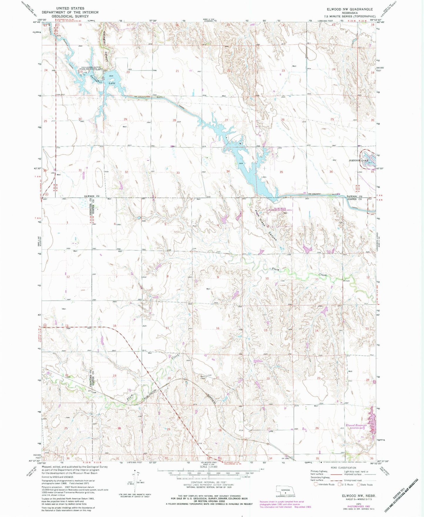 Classic USGS Elwood NW Nebraska 7.5'x7.5' Topo Map Image