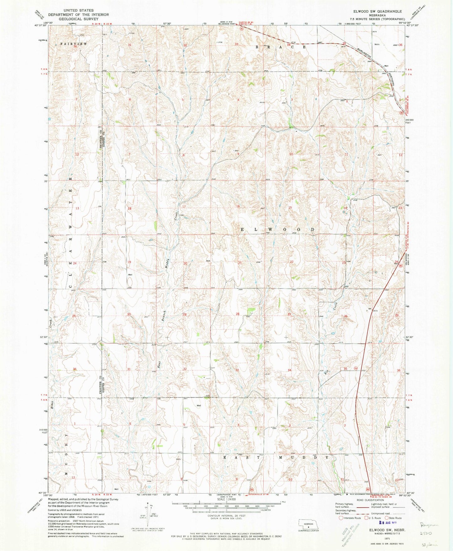 Classic USGS Elwood SW Nebraska 7.5'x7.5' Topo Map Image