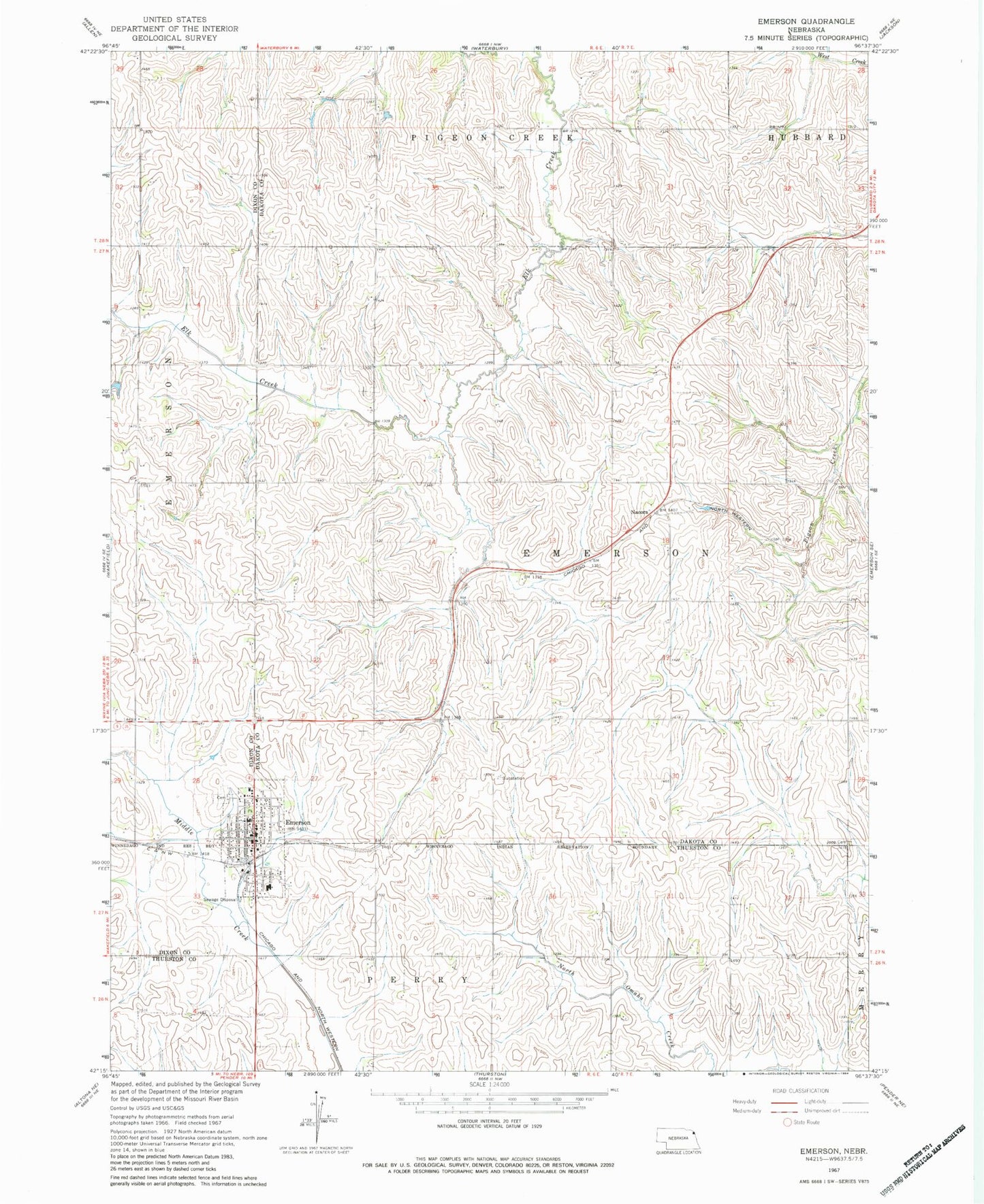 Classic USGS Emerson Nebraska 7.5'x7.5' Topo Map Image