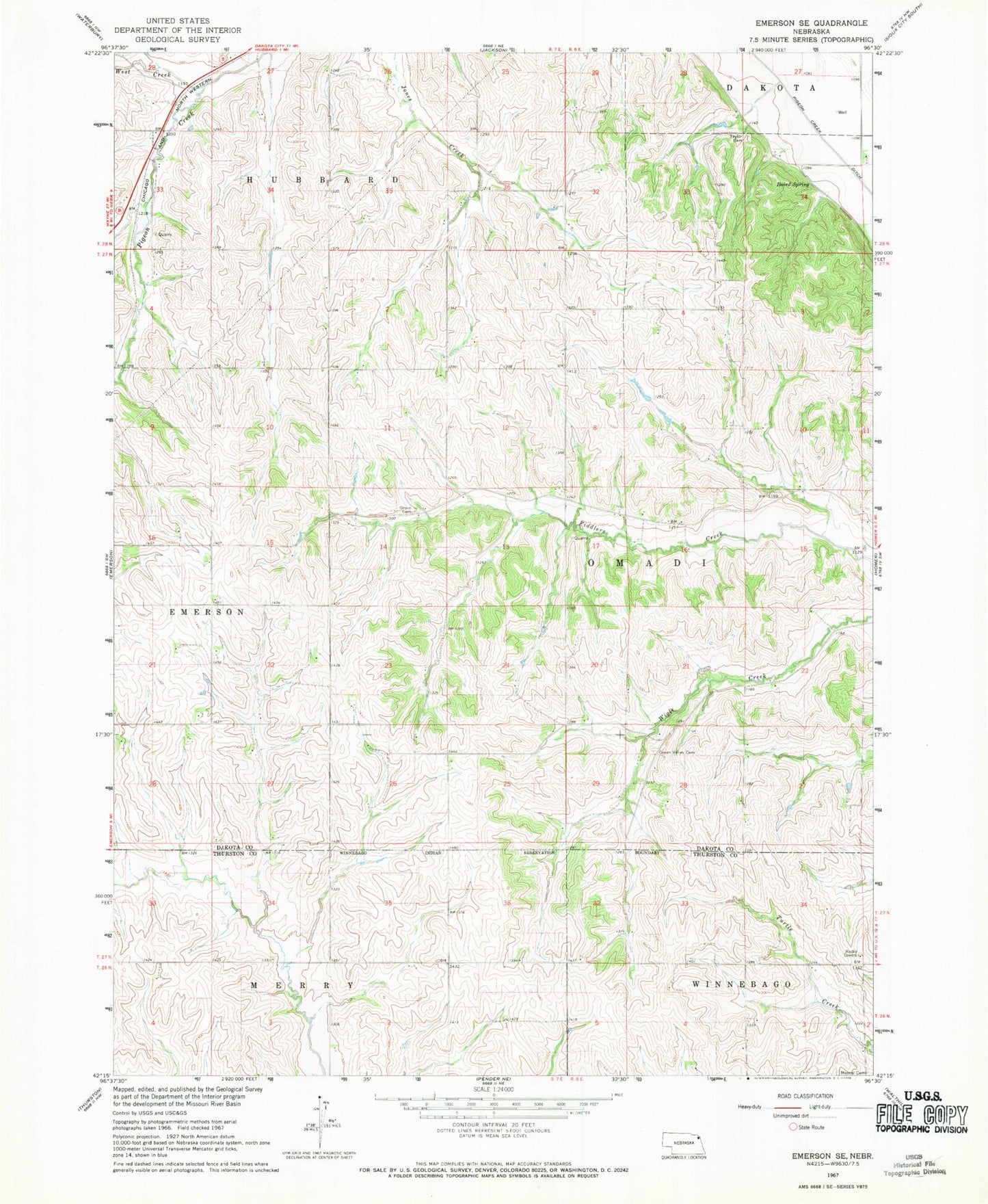Classic USGS Emerson SE Nebraska 7.5'x7.5' Topo Map Image