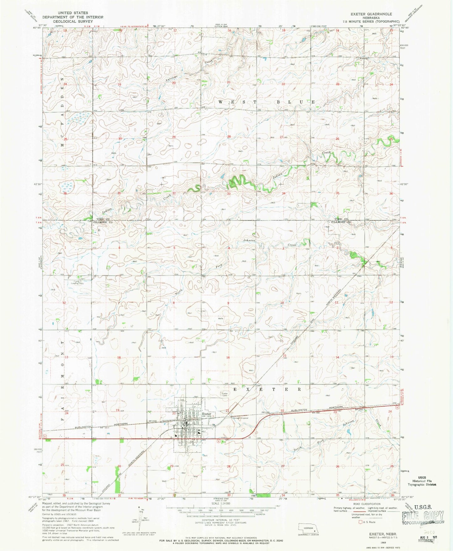 Classic USGS Exeter Nebraska 7.5'x7.5' Topo Map Image
