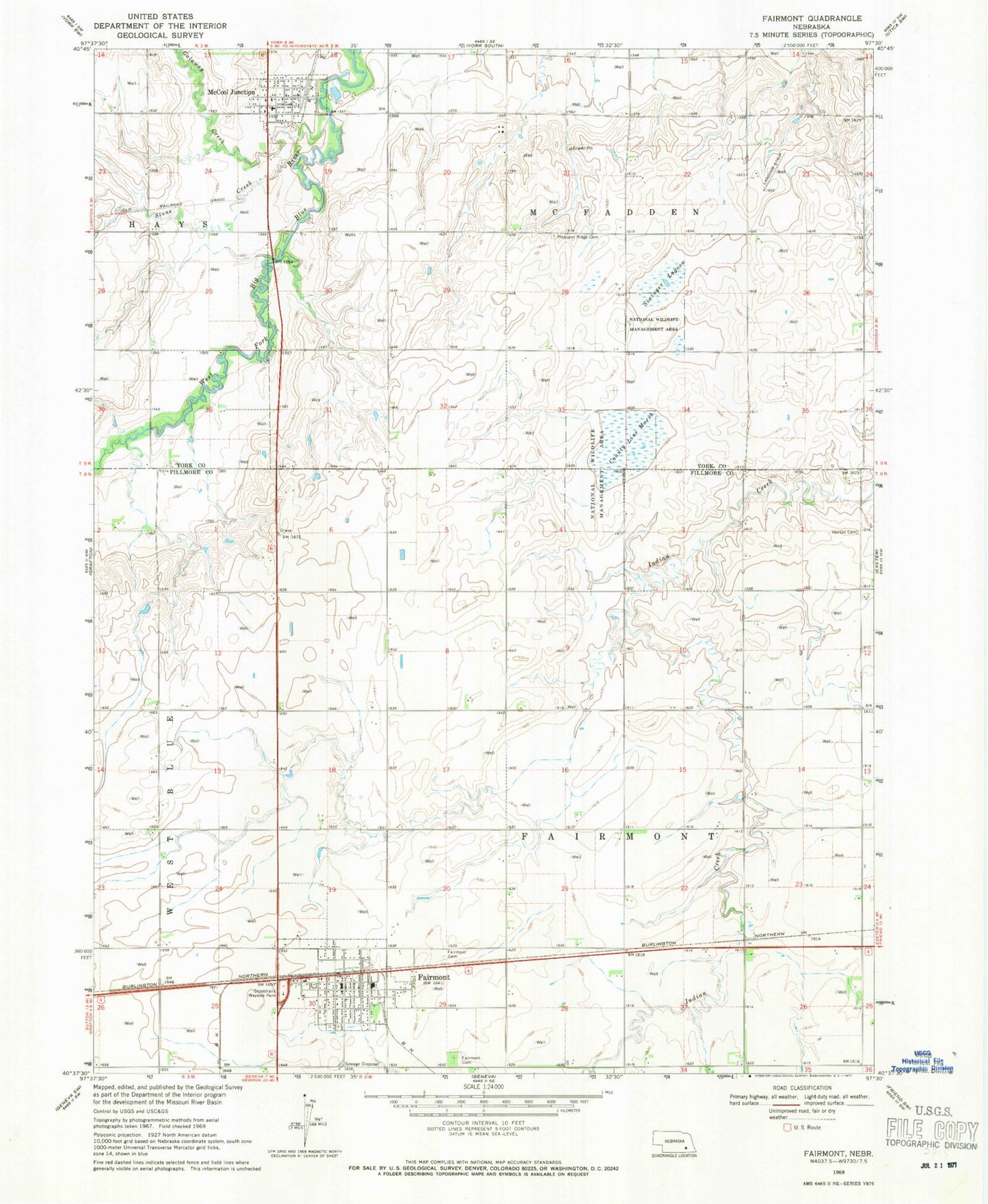 Classic USGS Fairmont Nebraska 7.5'x7.5' Topo Map Image
