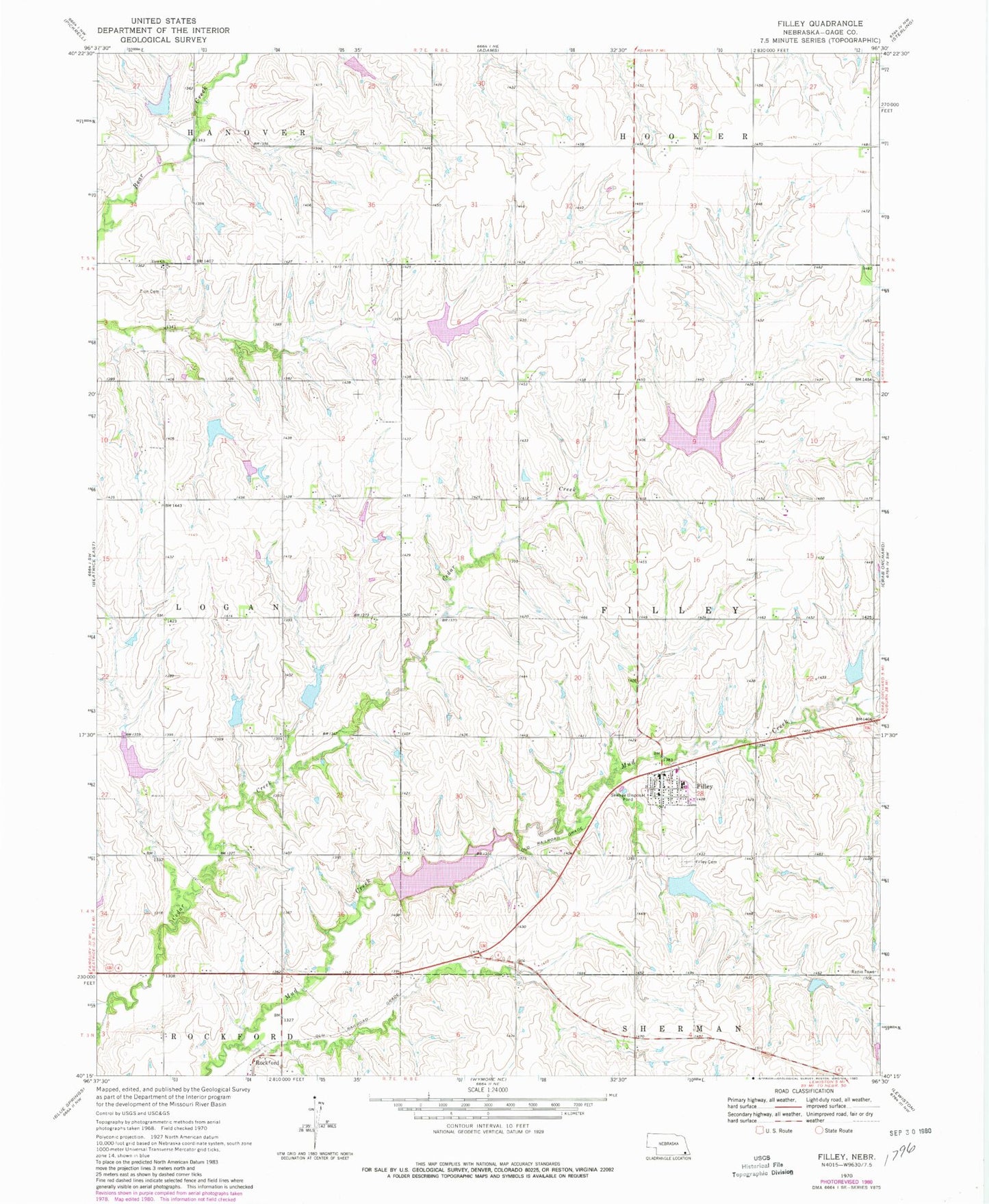 Classic USGS Filley Nebraska 7.5'x7.5' Topo Map Image