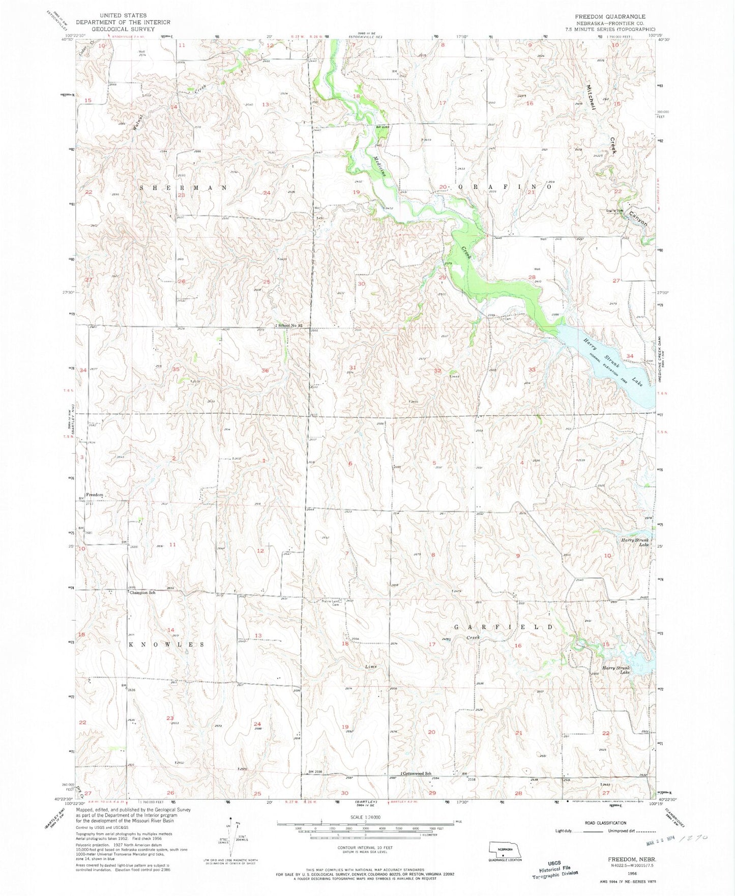 Classic USGS Freedom Nebraska 7.5'x7.5' Topo Map Image