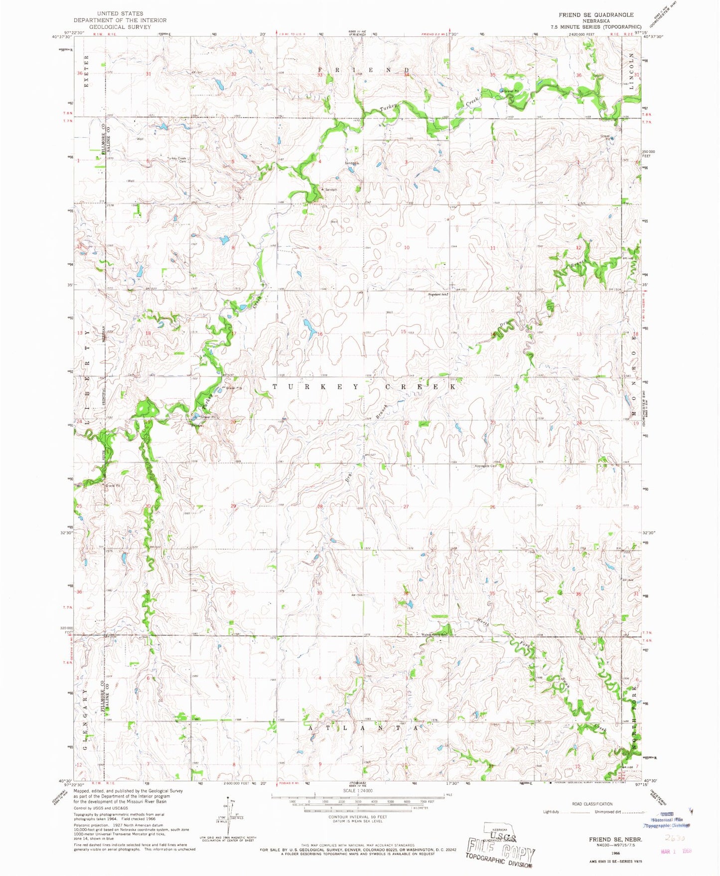 Classic USGS Friend SE Nebraska 7.5'x7.5' Topo Map Image