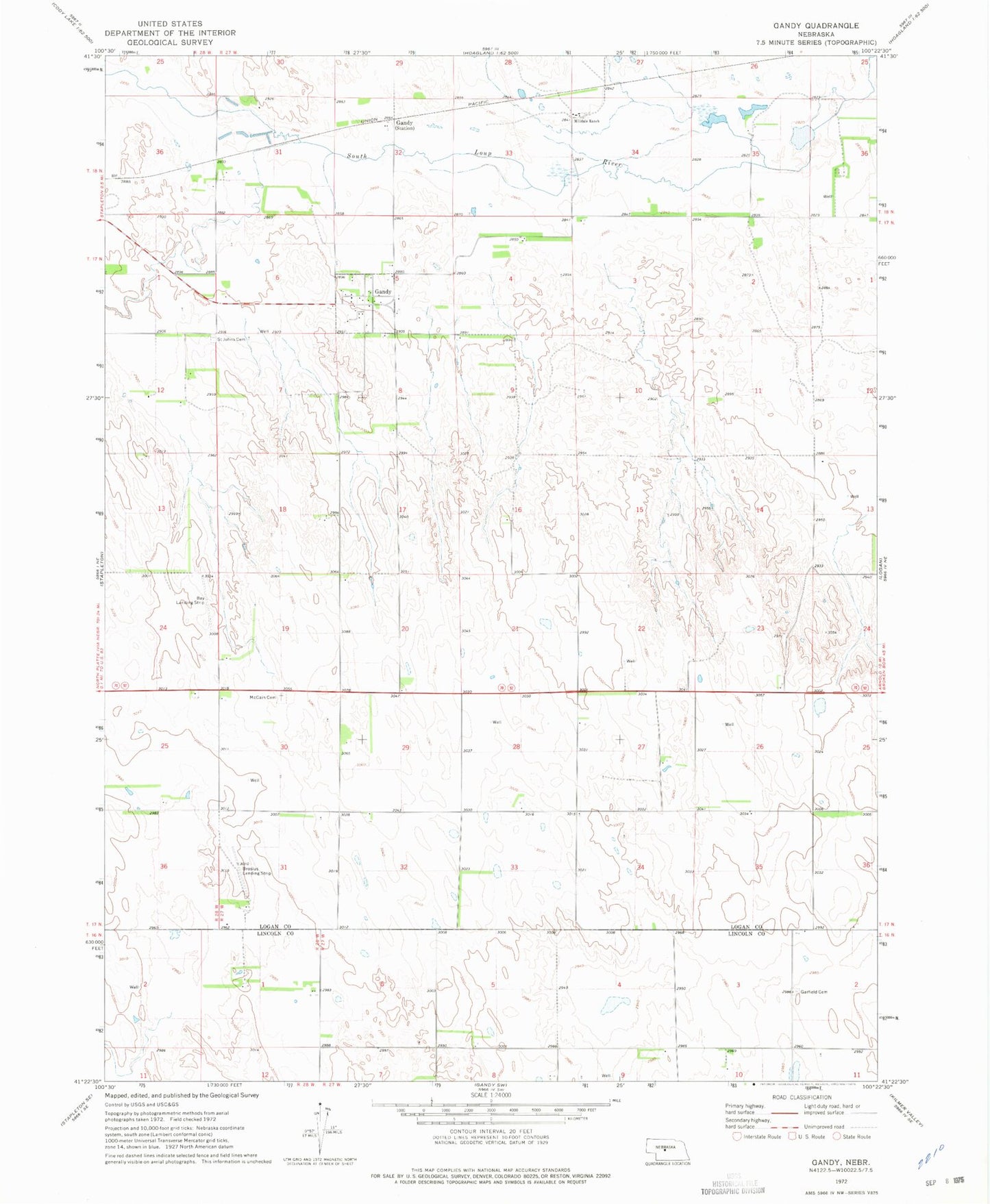 Classic USGS Gandy Nebraska 7.5'x7.5' Topo Map Image
