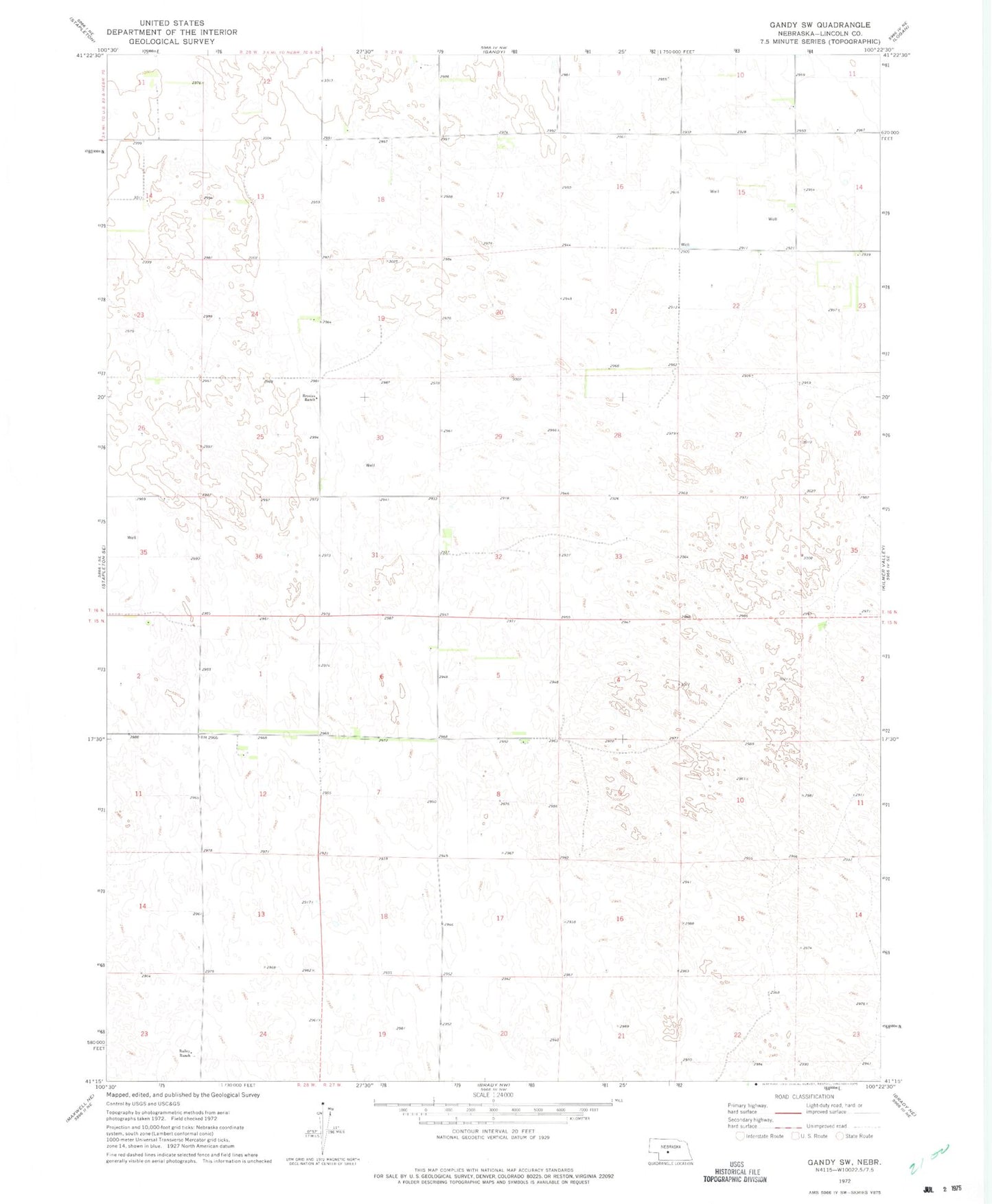 Classic USGS Gandy SW Nebraska 7.5'x7.5' Topo Map Image