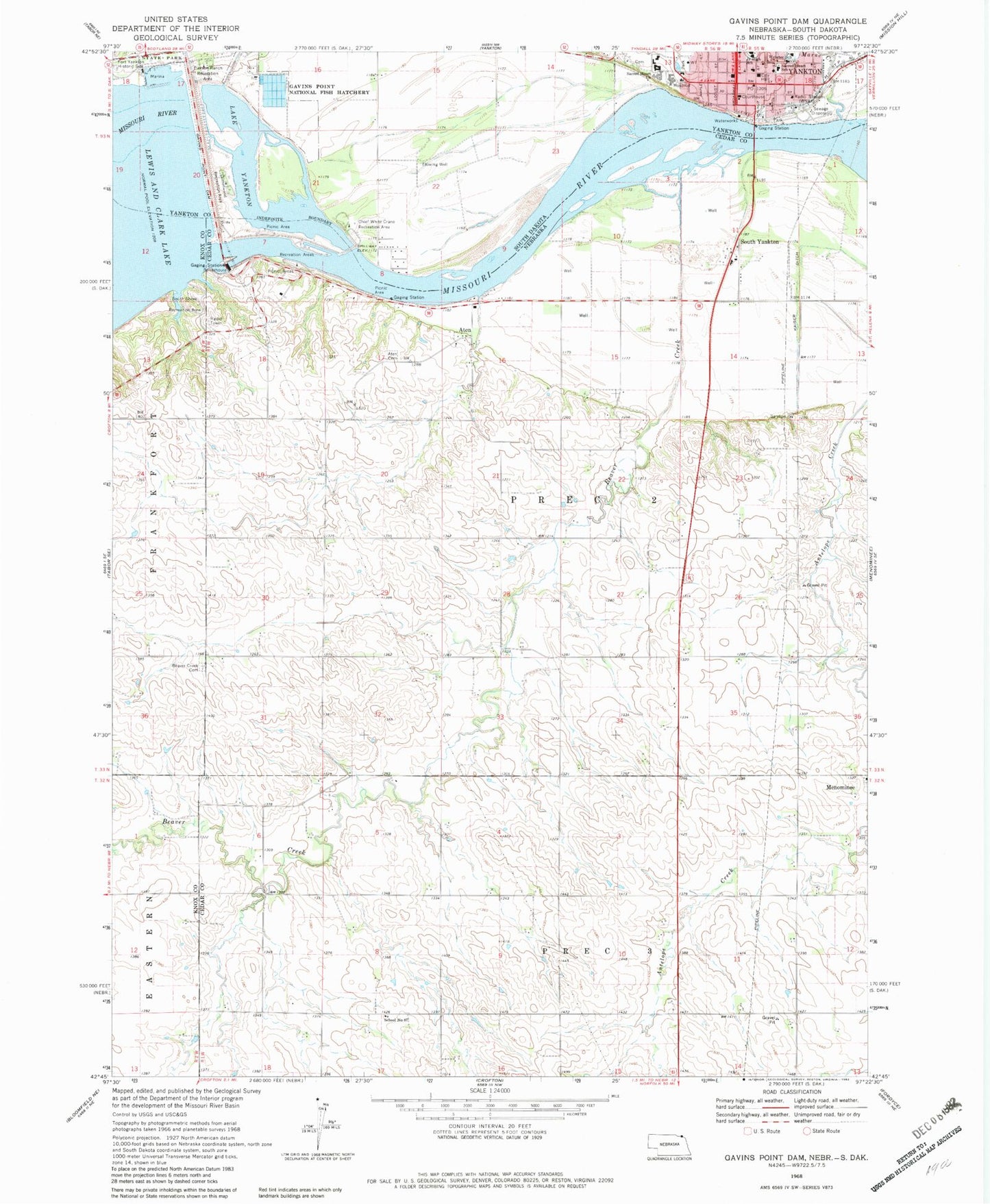 Classic USGS Gavins Point Dam South Dakota 7.5'x7.5' Topo Map Image