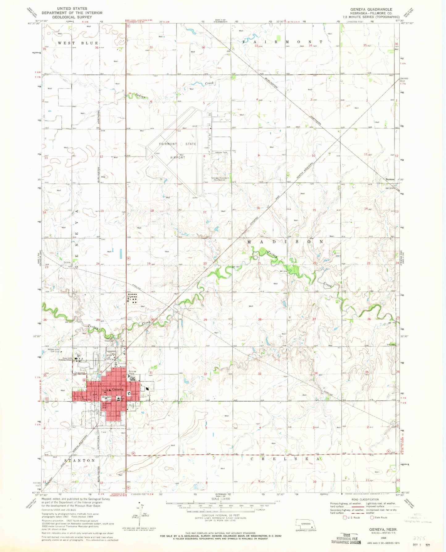 Classic USGS Geneva Nebraska 7.5'x7.5' Topo Map Image