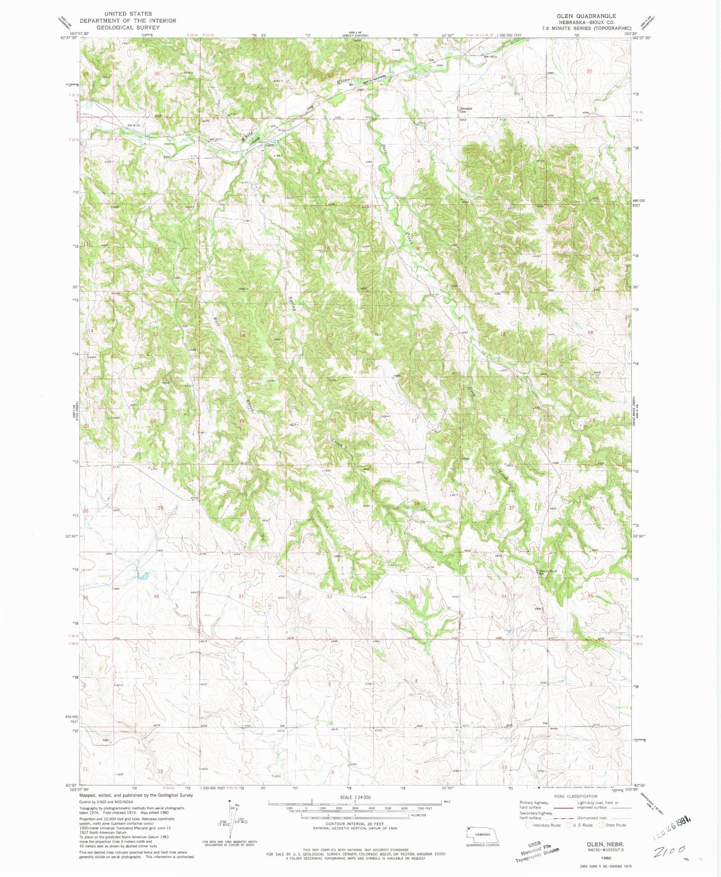 Classic USGS Glen Nebraska 7.5'x7.5' Topo Map Image