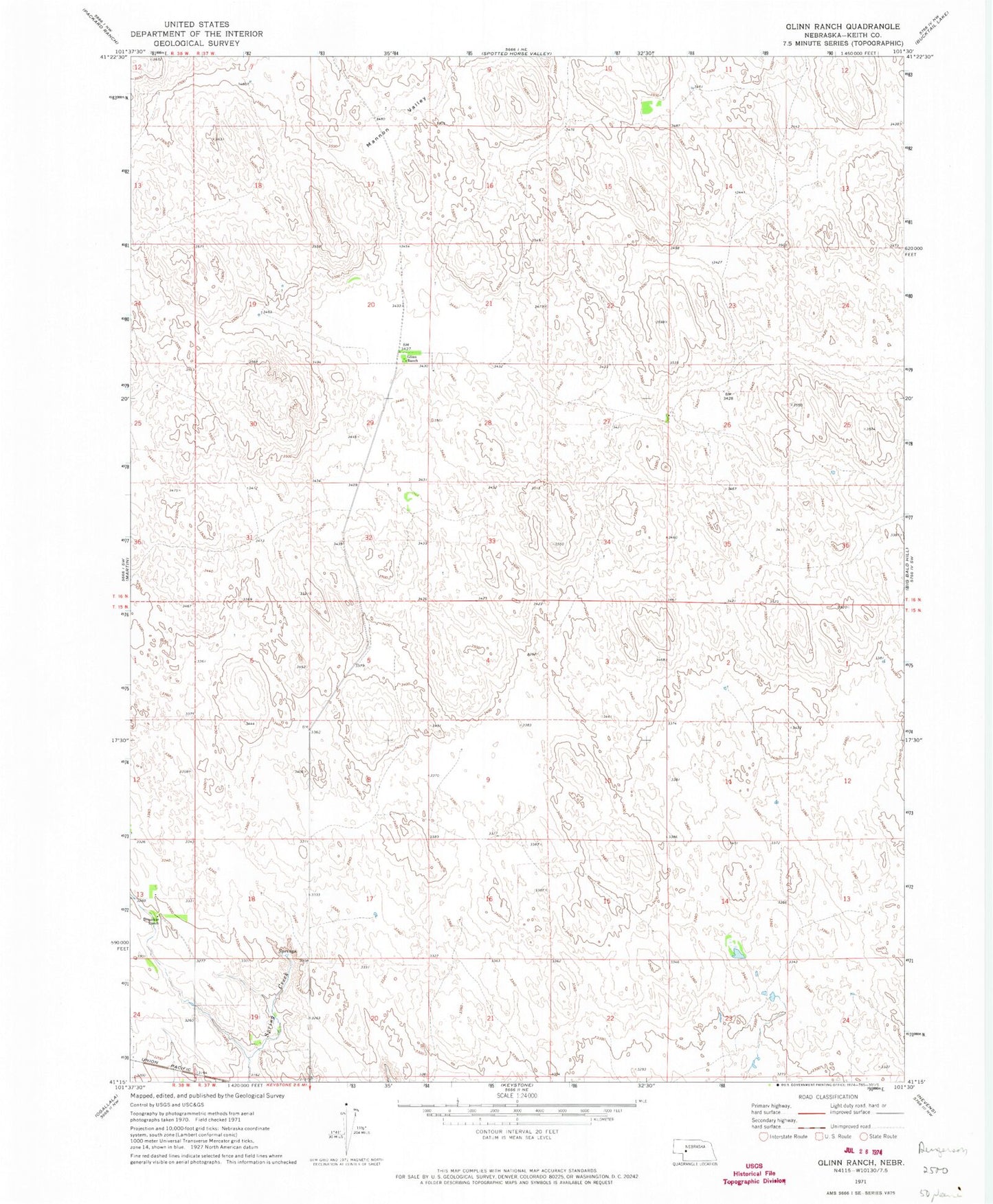 Classic USGS Glinn Ranch Nebraska 7.5'x7.5' Topo Map Image