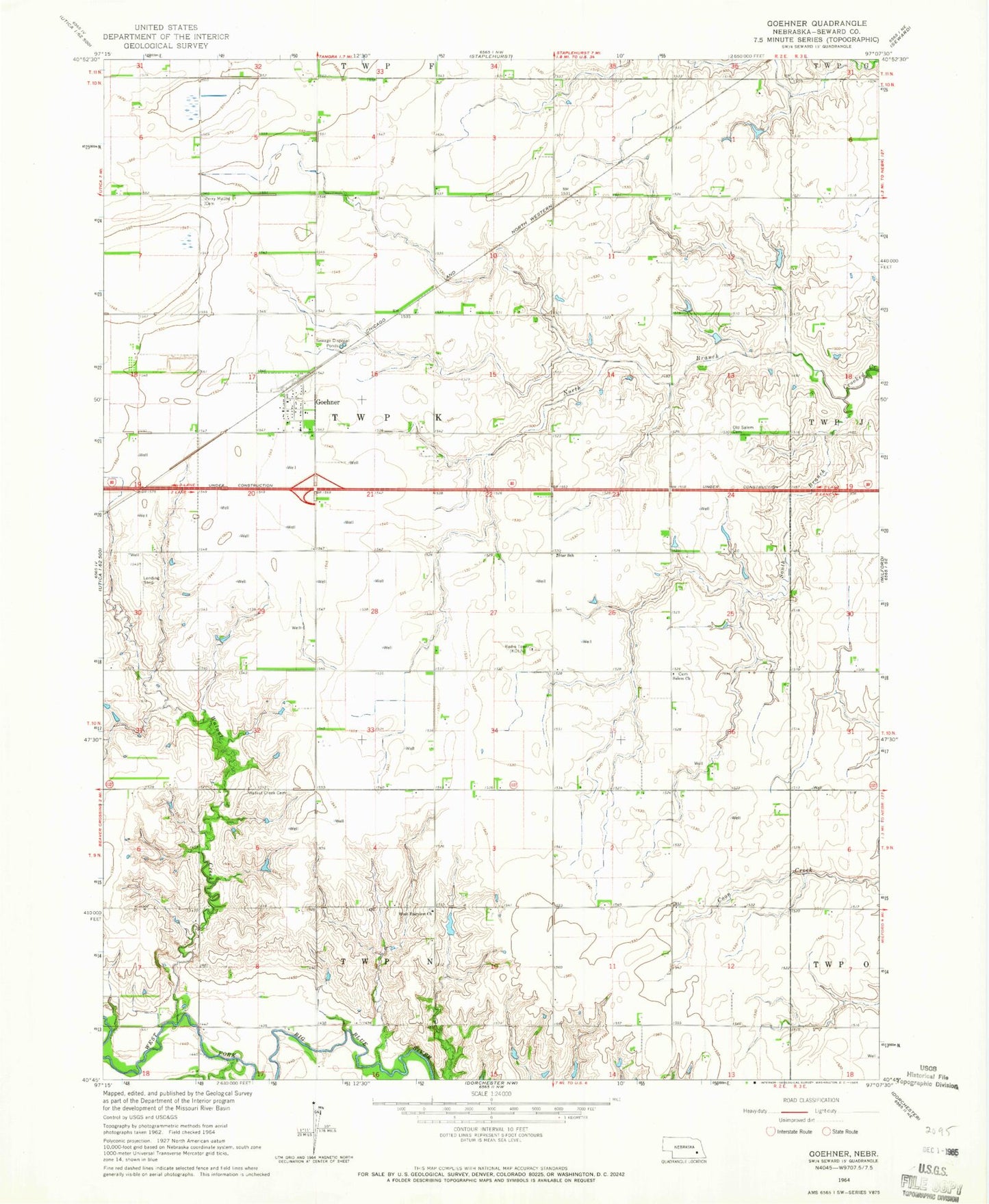 Classic USGS Goehner Nebraska 7.5'x7.5' Topo Map Image