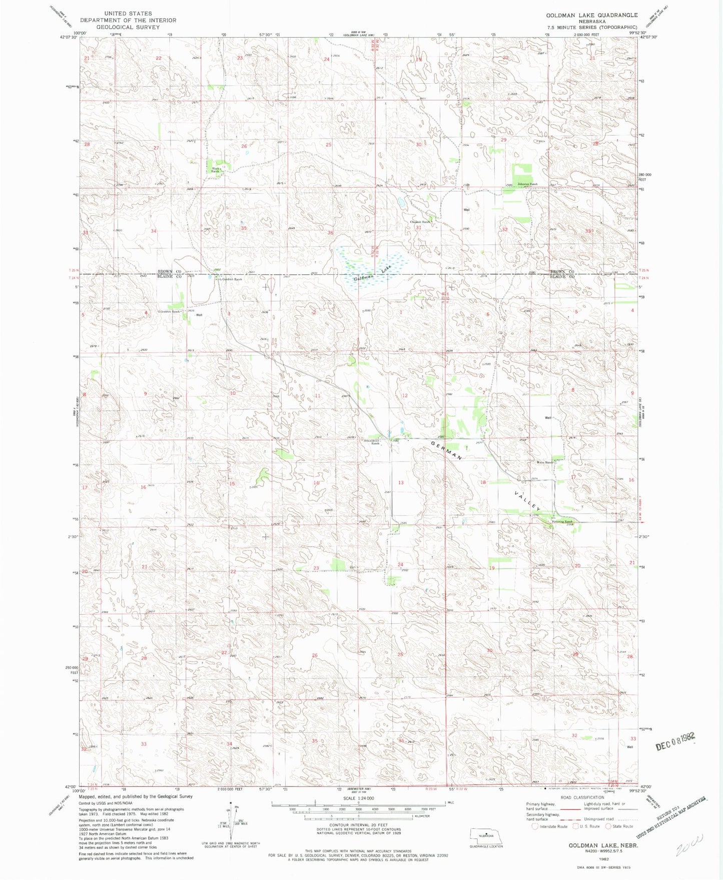 Classic USGS Goldman Lake Nebraska 7.5'x7.5' Topo Map Image