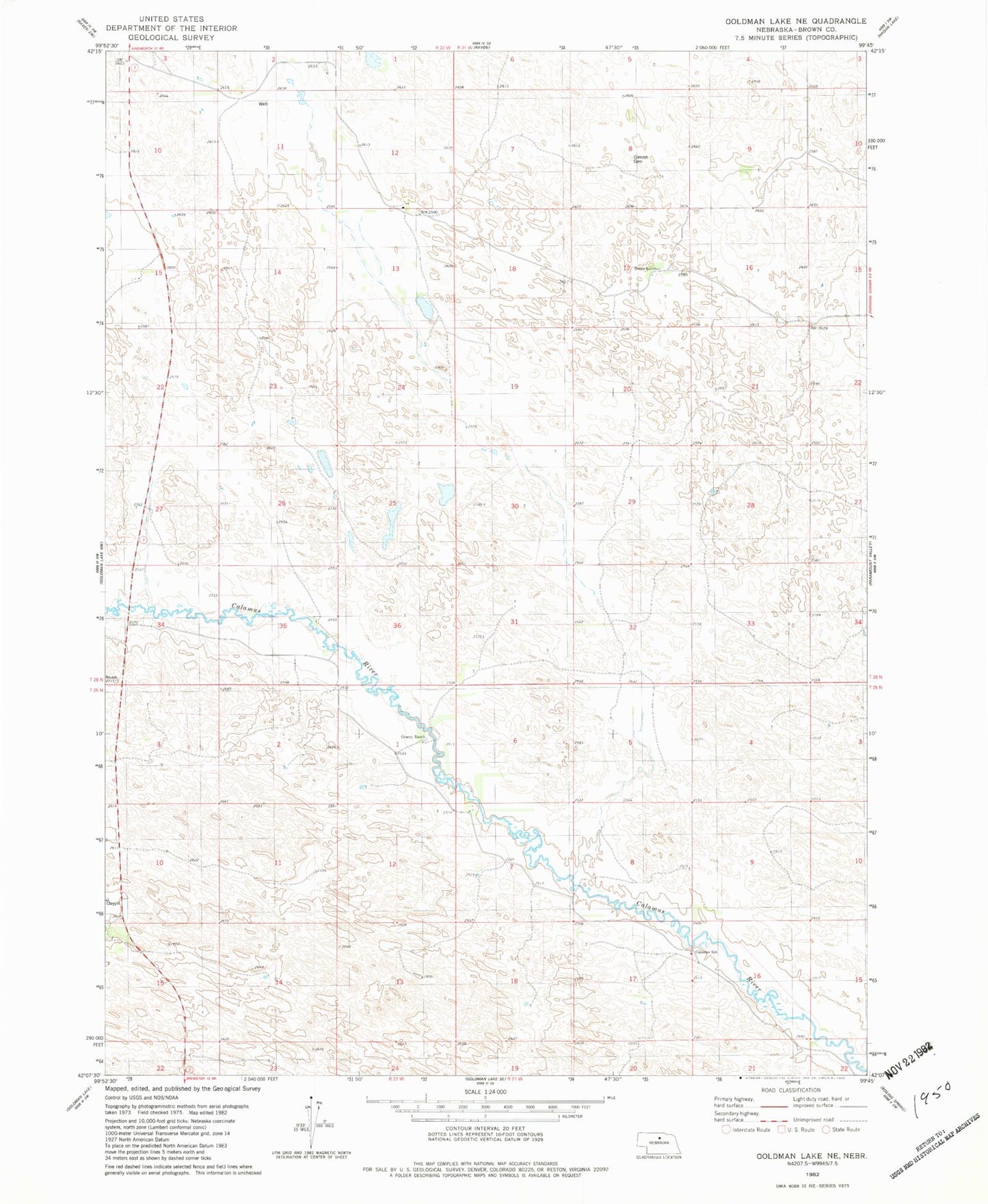 Classic USGS Goldman Lake NE Nebraska 7.5'x7.5' Topo Map Image