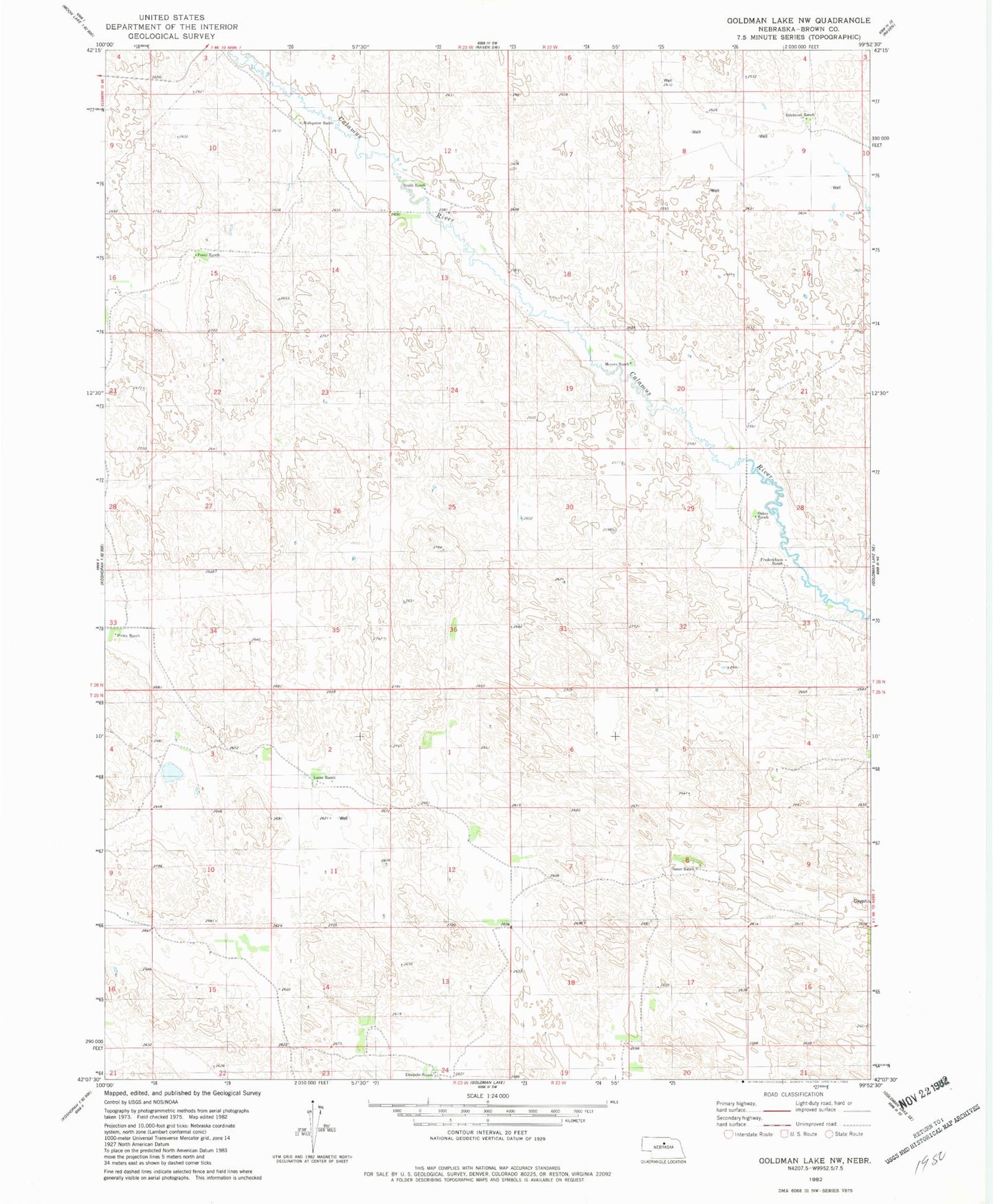 Classic USGS Goldman Lake NW Nebraska 7.5'x7.5' Topo Map Image