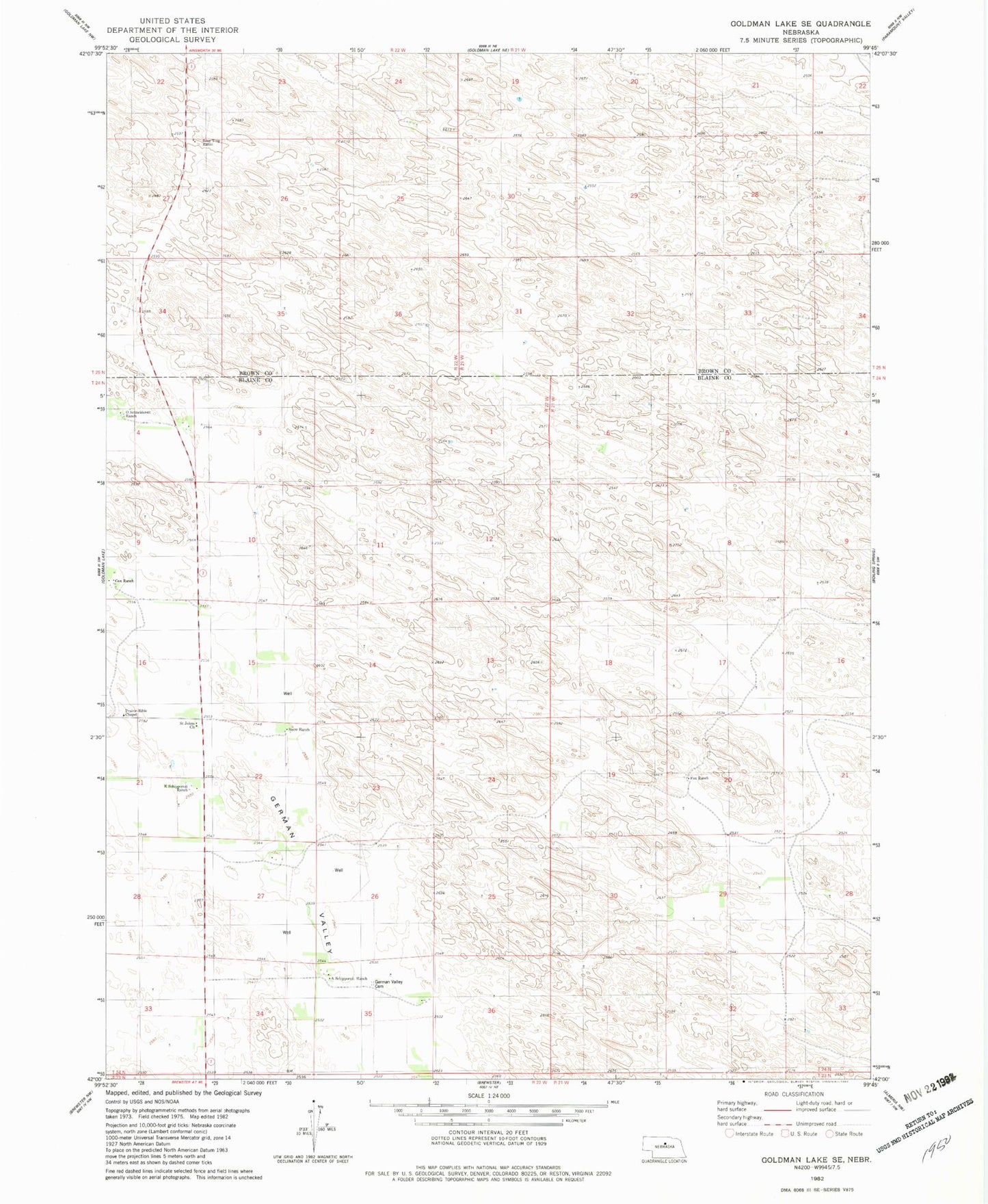 Classic USGS Goldman Lake SE Nebraska 7.5'x7.5' Topo Map Image