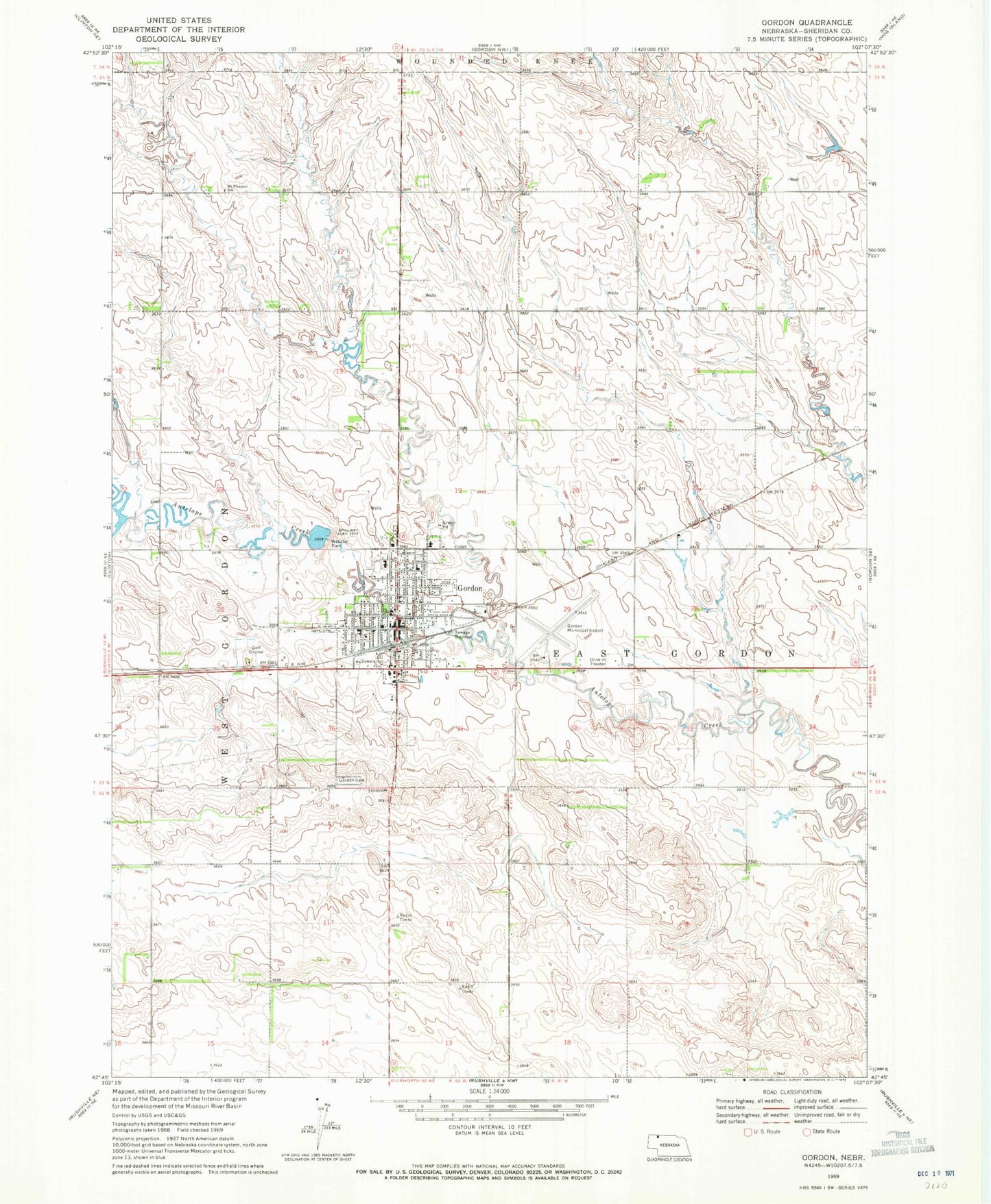 Classic USGS Gordon Nebraska 7.5'x7.5' Topo Map Image