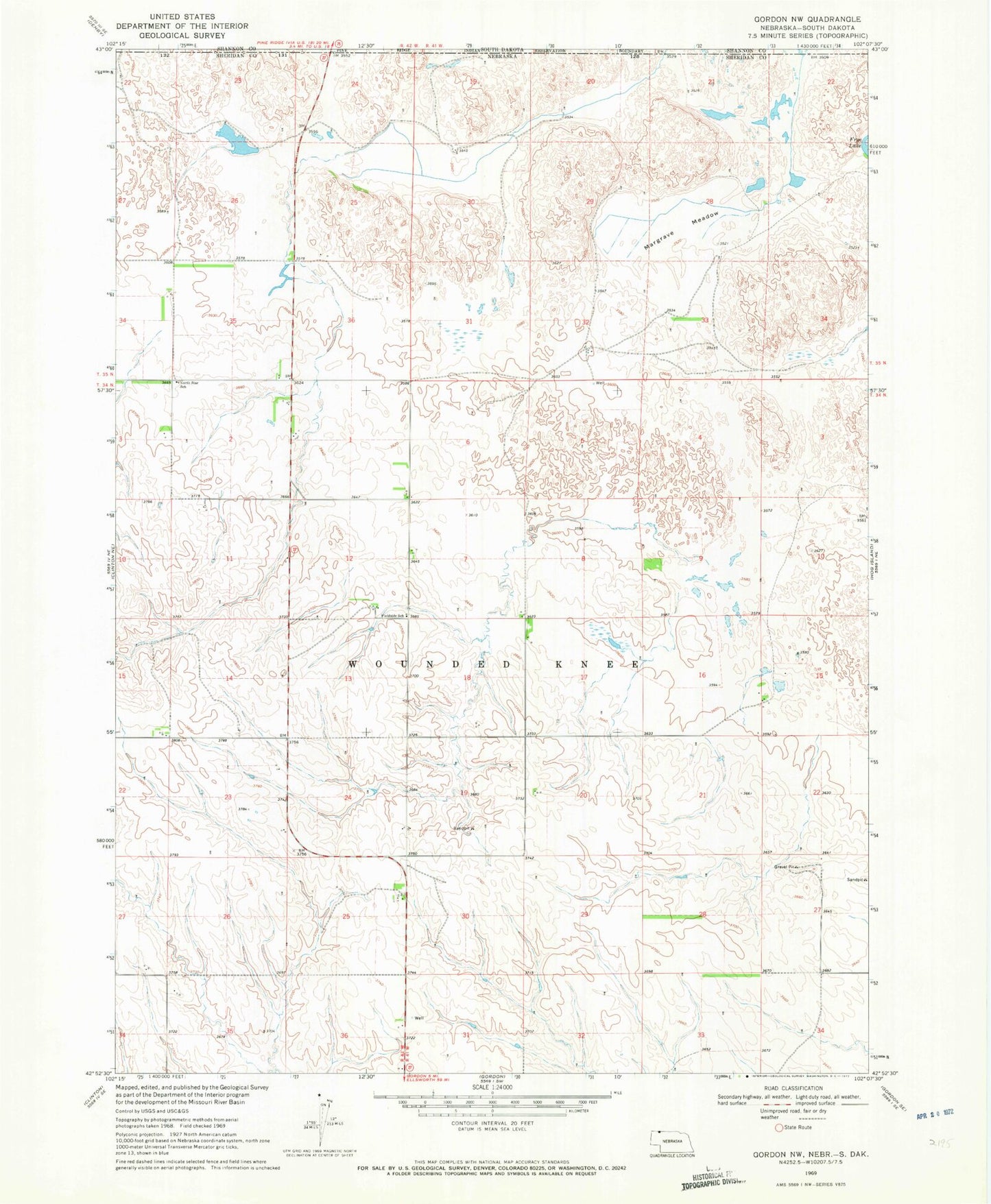 Classic USGS Gordon NW Nebraska 7.5'x7.5' Topo Map Image
