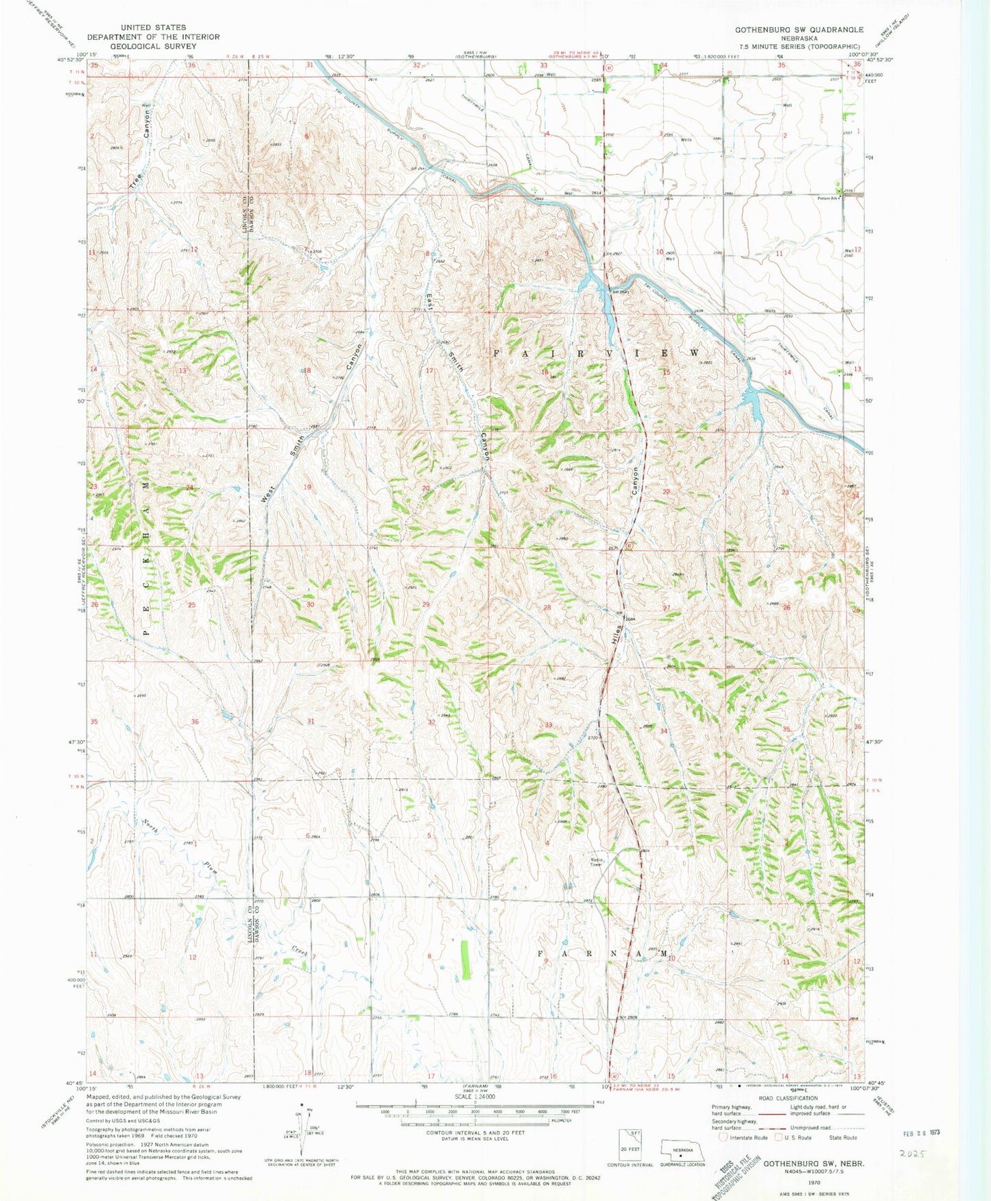 Classic USGS Gothenburg SW Nebraska 7.5'x7.5' Topo Map Image