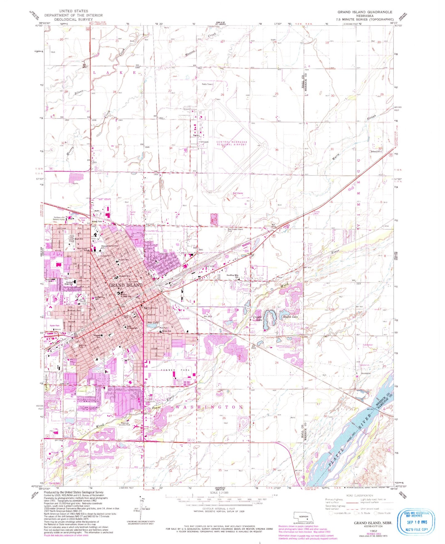 Classic USGS Grand Island Nebraska 7.5'x7.5' Topo Map Image