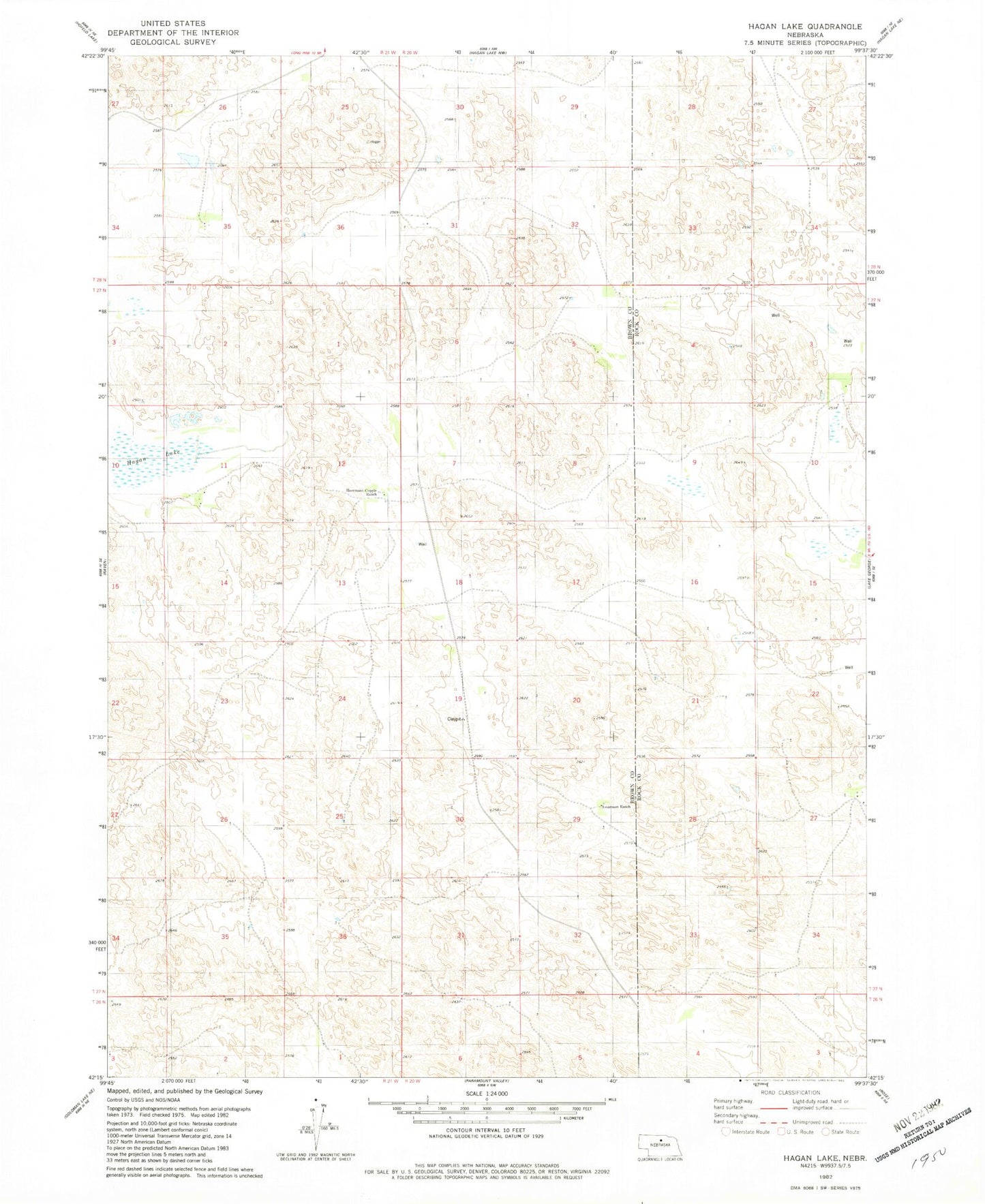 Classic USGS Hagan Lake Nebraska 7.5'x7.5' Topo Map Image