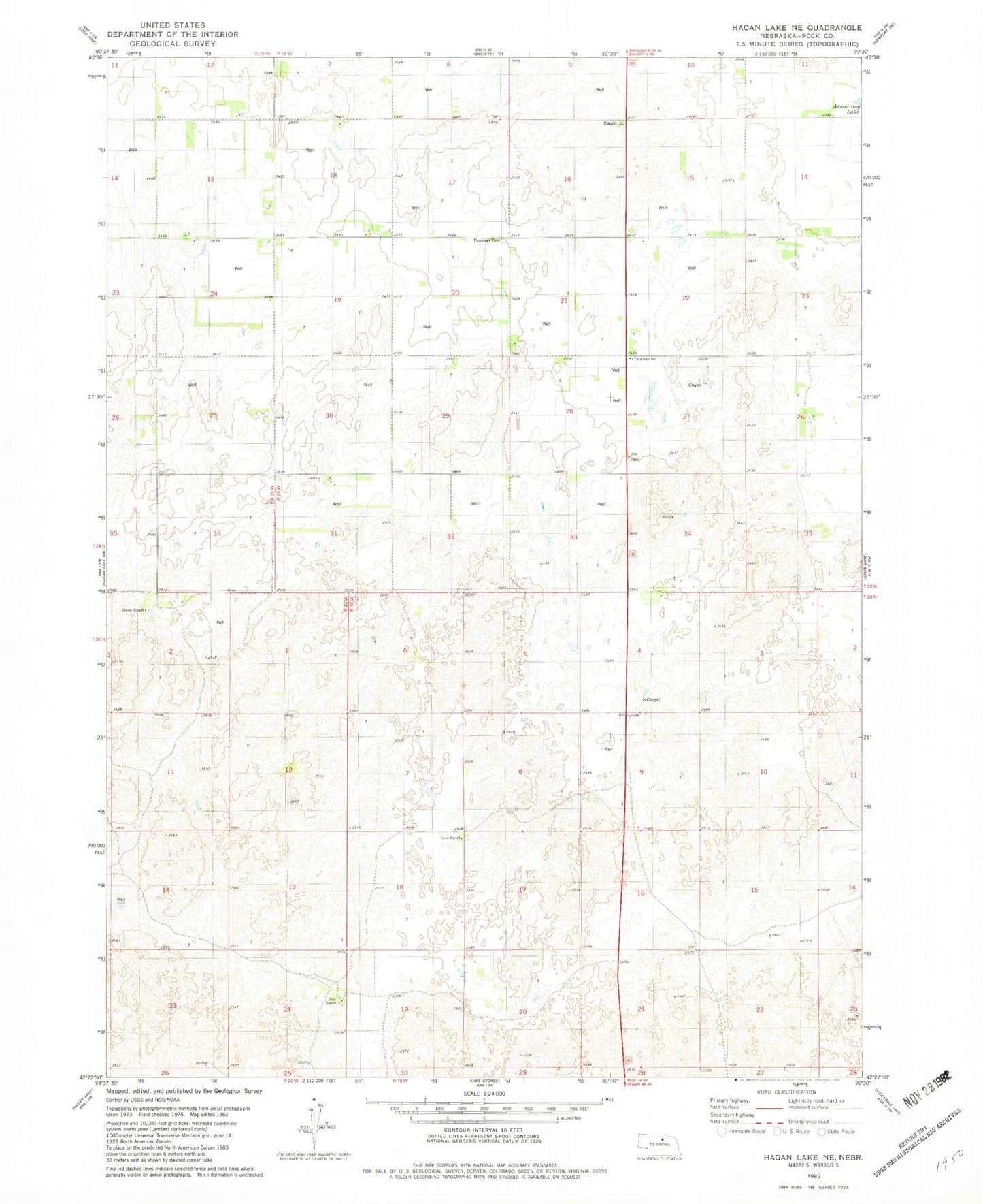 Classic USGS Hagan Lake NE Nebraska 7.5'x7.5' Topo Map Image