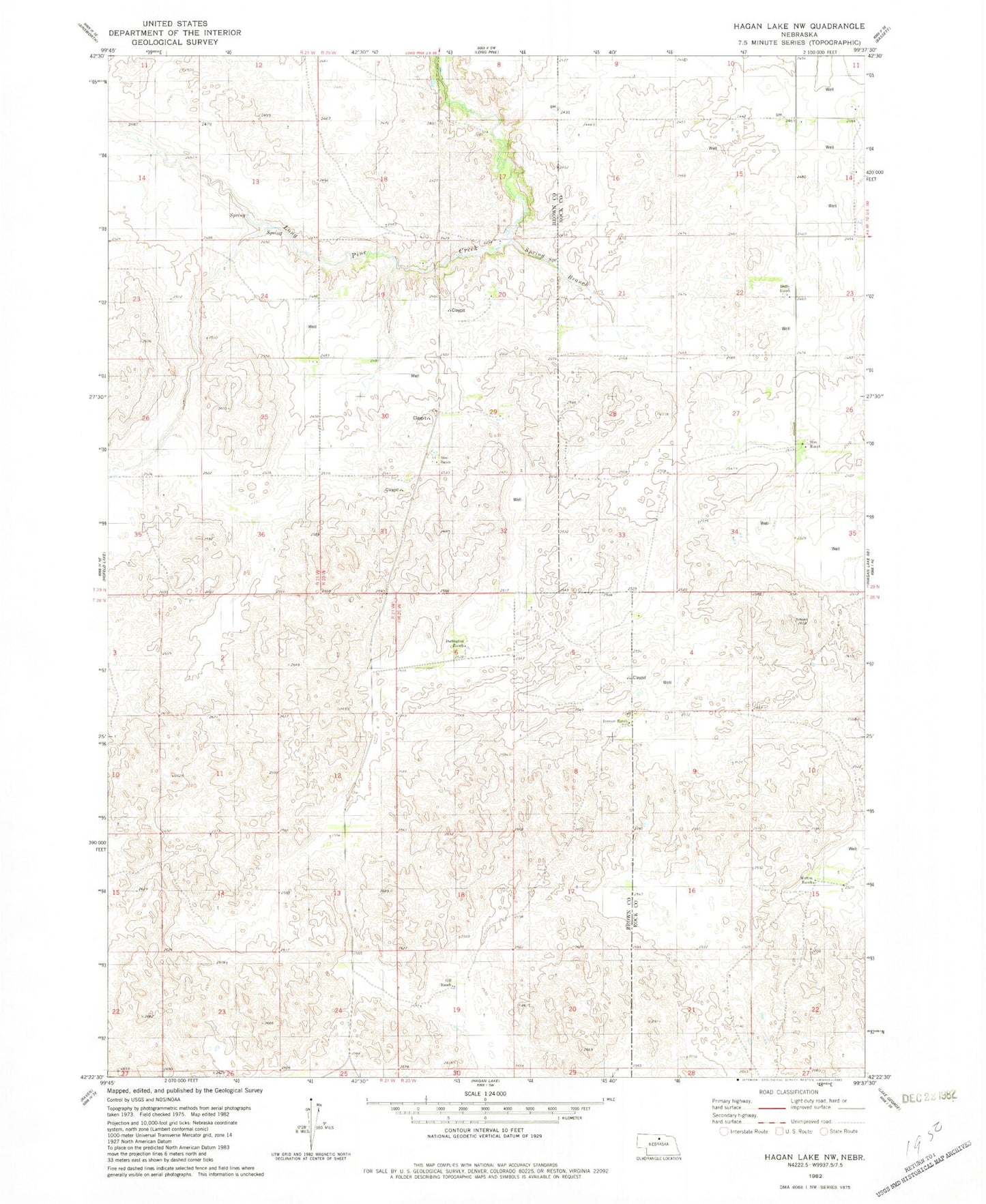 Classic USGS Hagan Lake NW Nebraska 7.5'x7.5' Topo Map Image