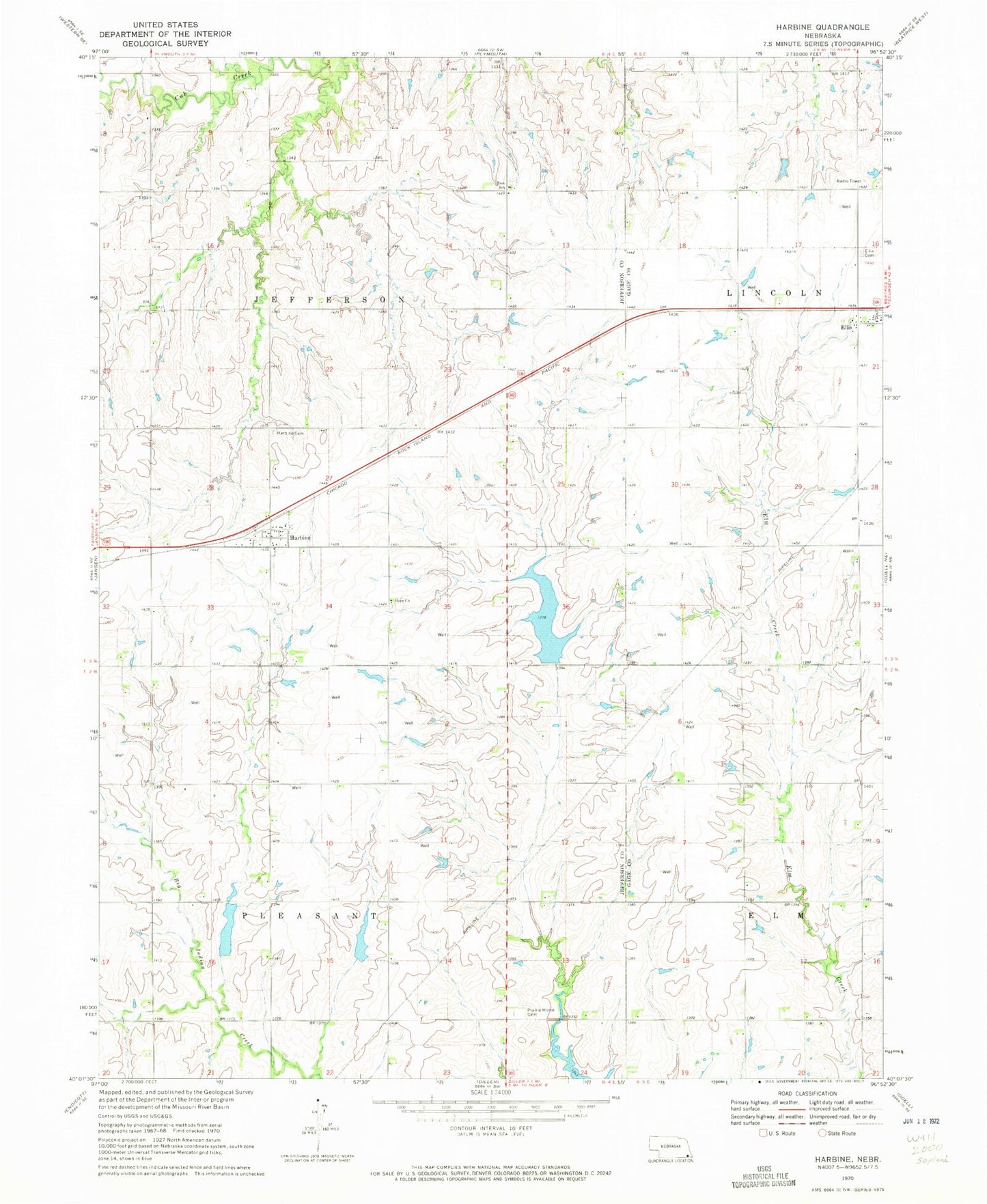Classic USGS Harbine Nebraska 7.5'x7.5' Topo Map Image