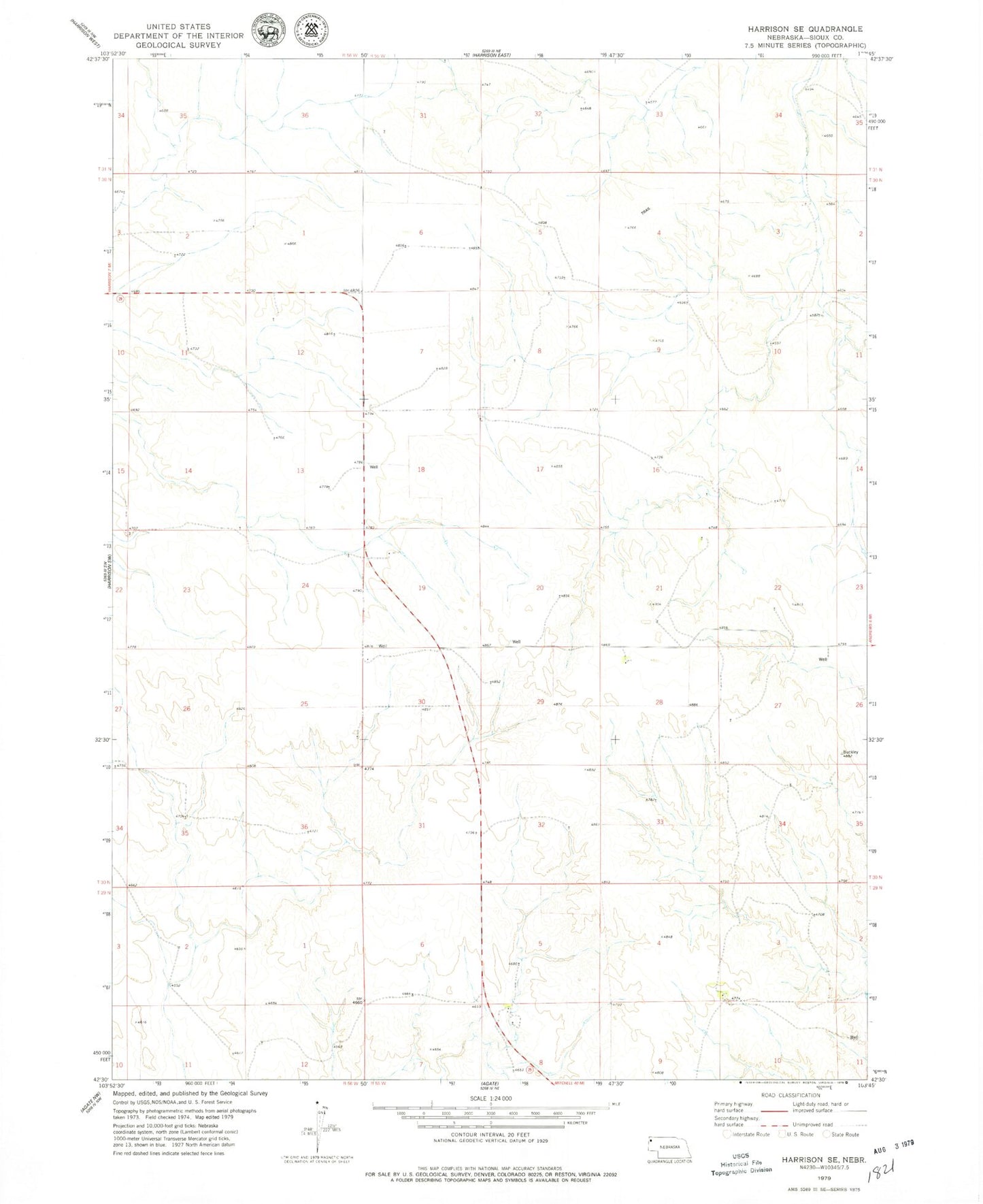 Classic USGS Harrison SE Nebraska 7.5'x7.5' Topo Map Image