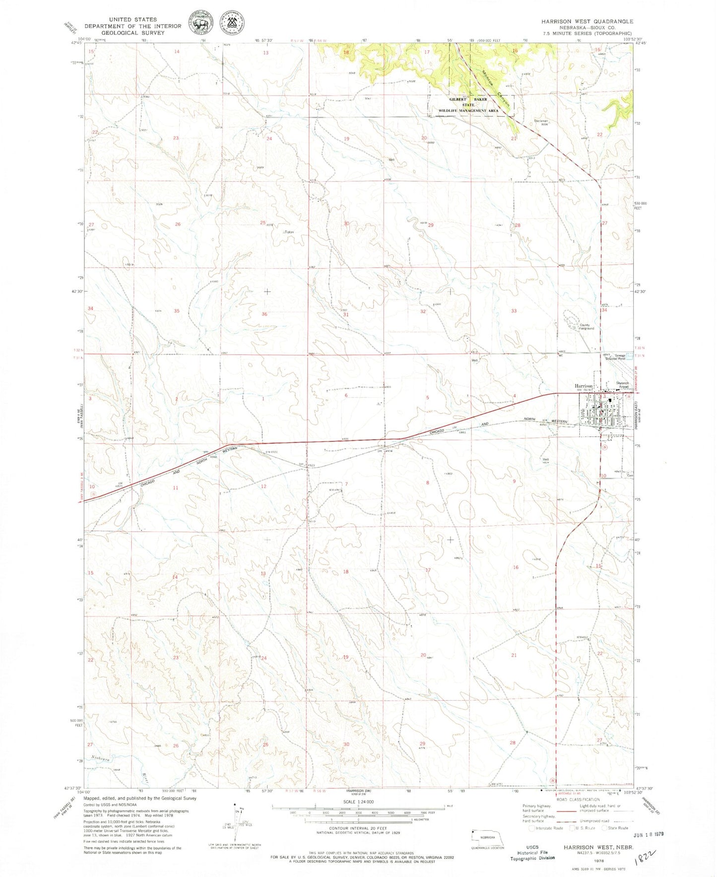 Classic USGS Harrison West Nebraska 7.5'x7.5' Topo Map Image