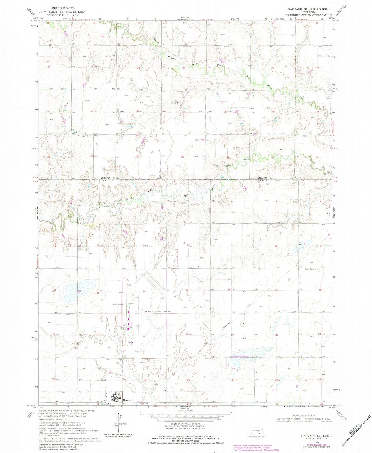 Classic USGS Harvard NE Nebraska 7.5'x7.5' Topo Map Image