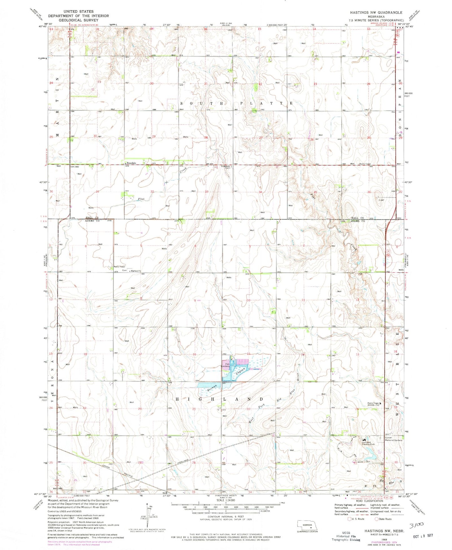 Classic USGS Hastings NW Nebraska 7.5'x7.5' Topo Map Image