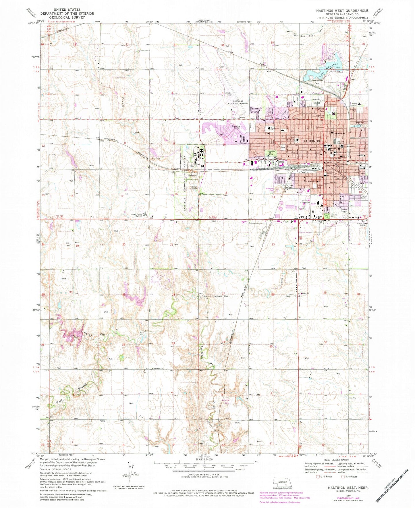 Classic USGS Hastings West Nebraska 7.5'x7.5' Topo Map Image