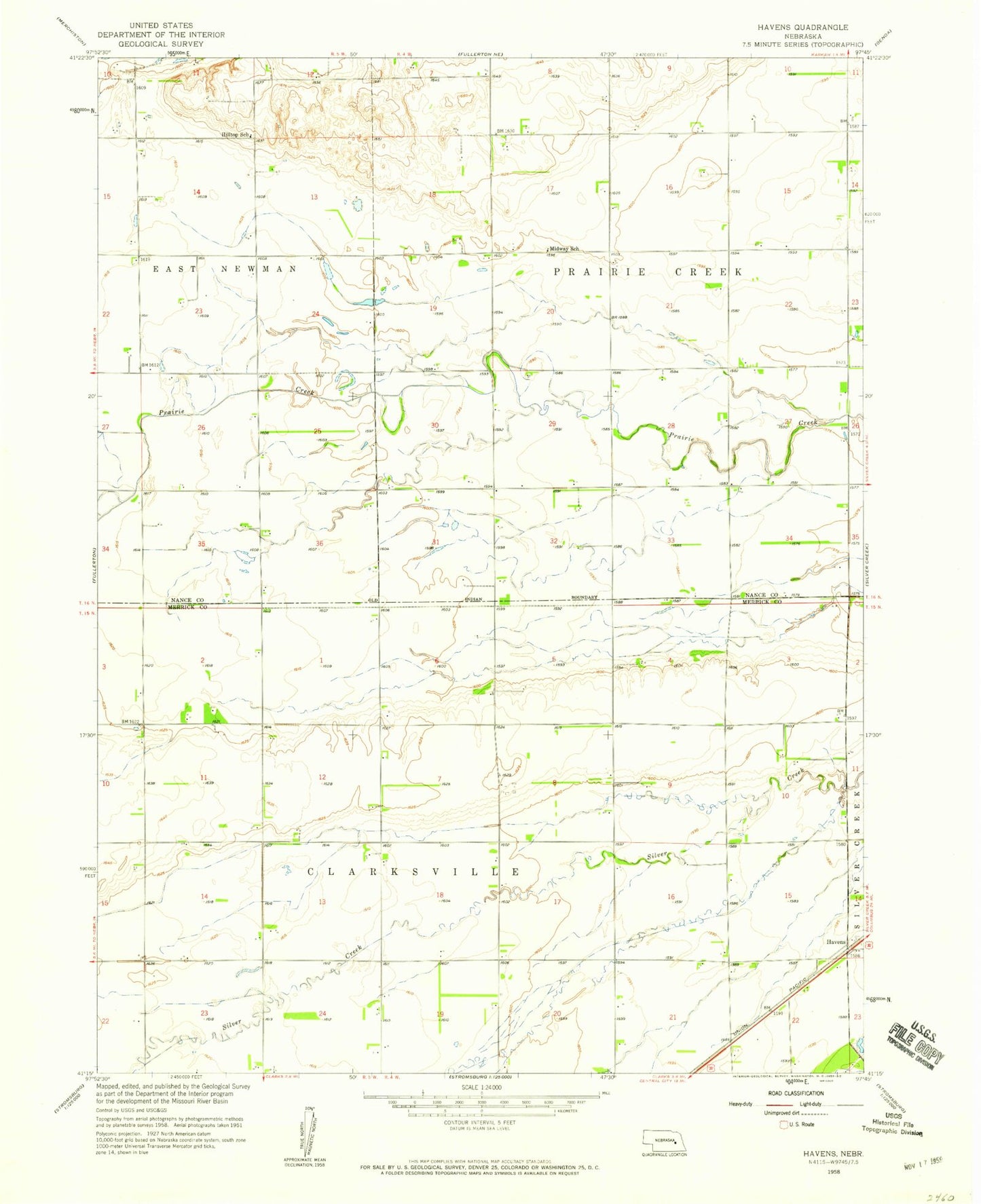 Classic USGS Havens Nebraska 7.5'x7.5' Topo Map Image