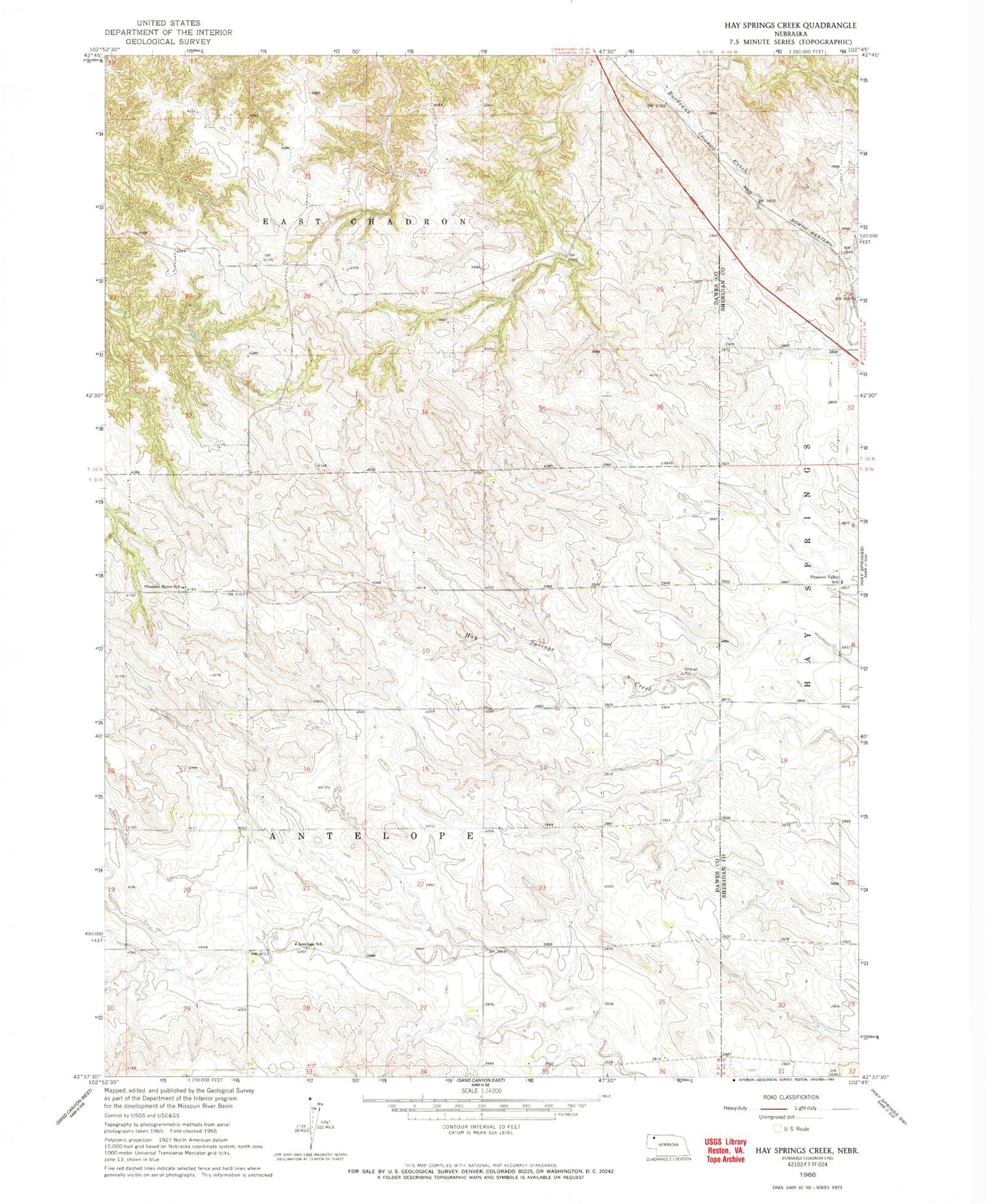 Classic USGS Hay Springs Creek Nebraska 7.5'x7.5' Topo Map Image