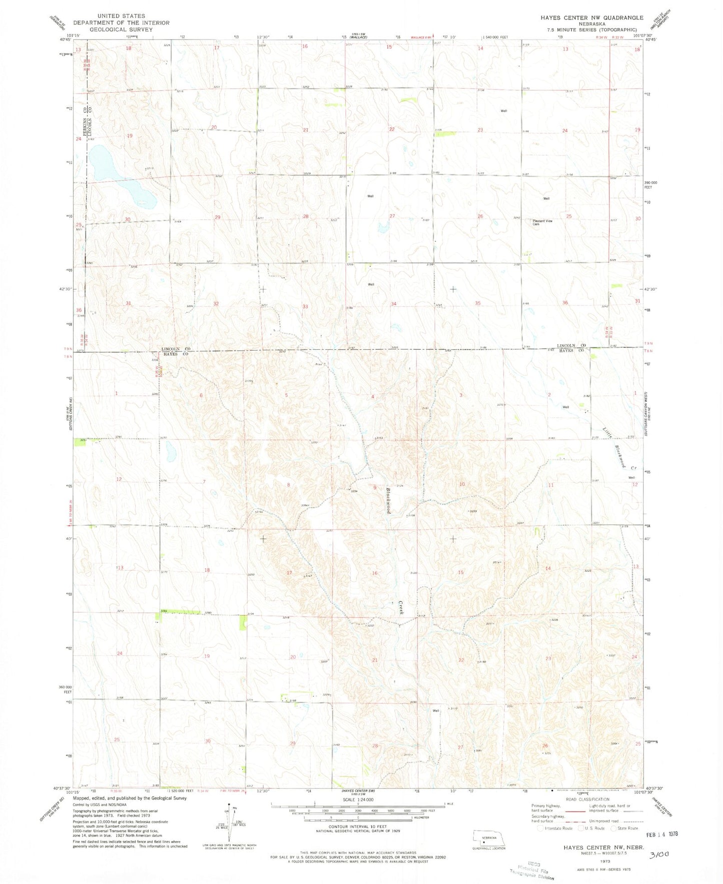 Classic USGS Hayes Center NW Nebraska 7.5'x7.5' Topo Map Image