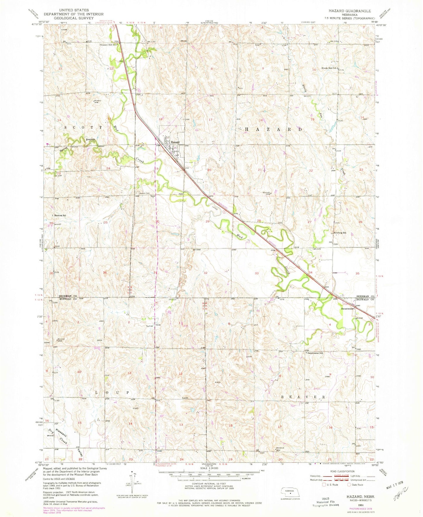 Classic USGS Hazard Nebraska 7.5'x7.5' Topo Map Image