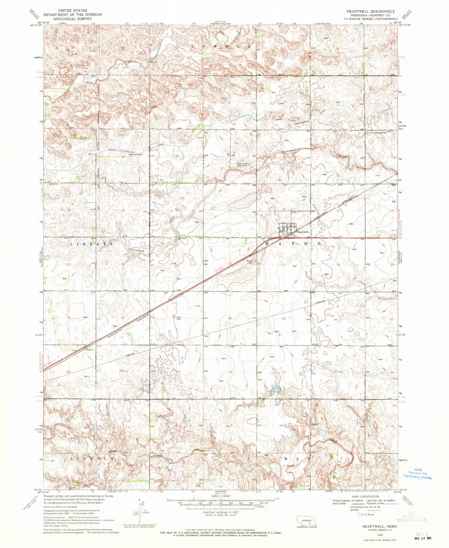 Classic USGS Heartwell Nebraska 7.5'x7.5' Topo Map Image