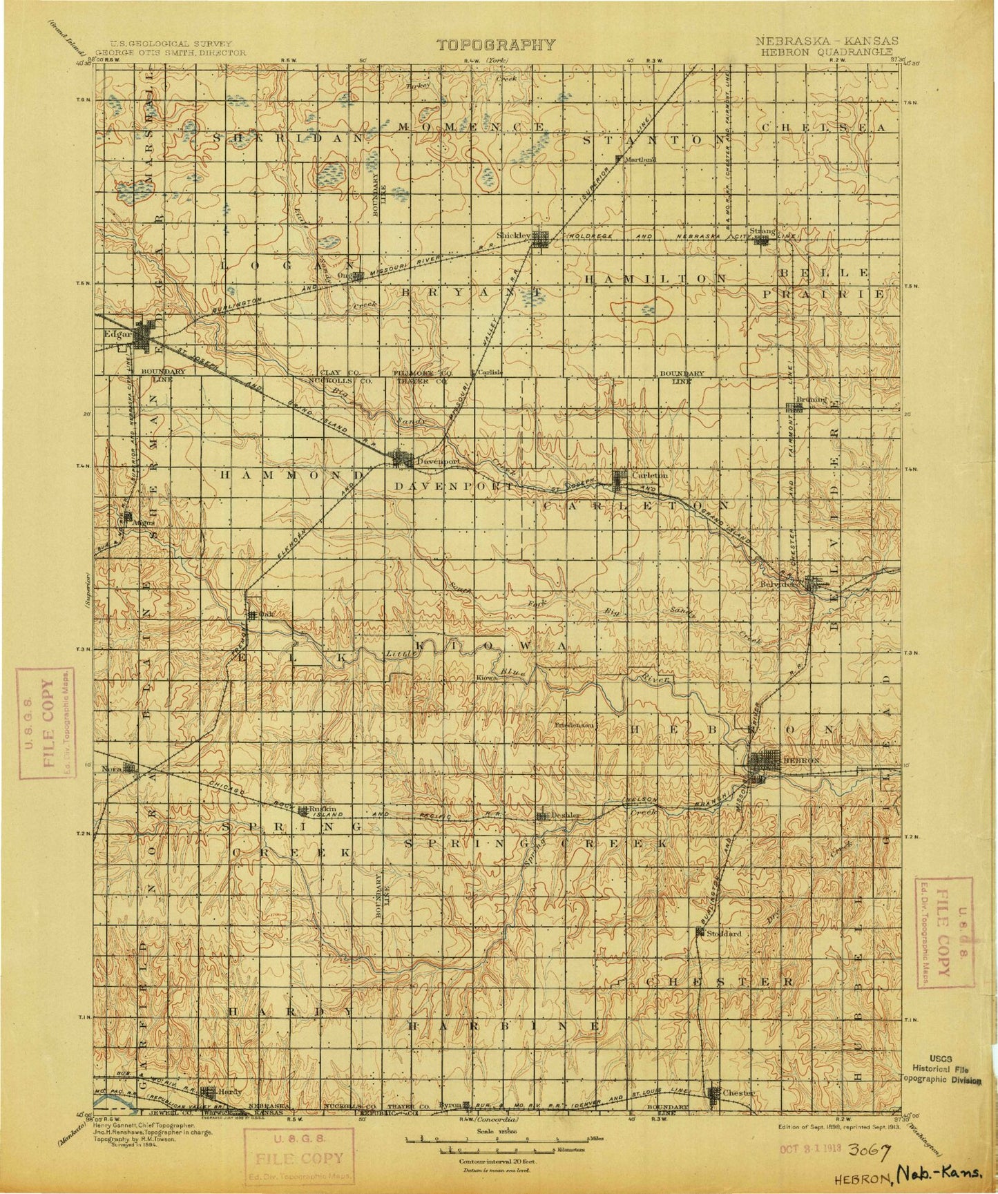 Historic 1898 Hebron Nebraska 30'x30' Topo Map Image