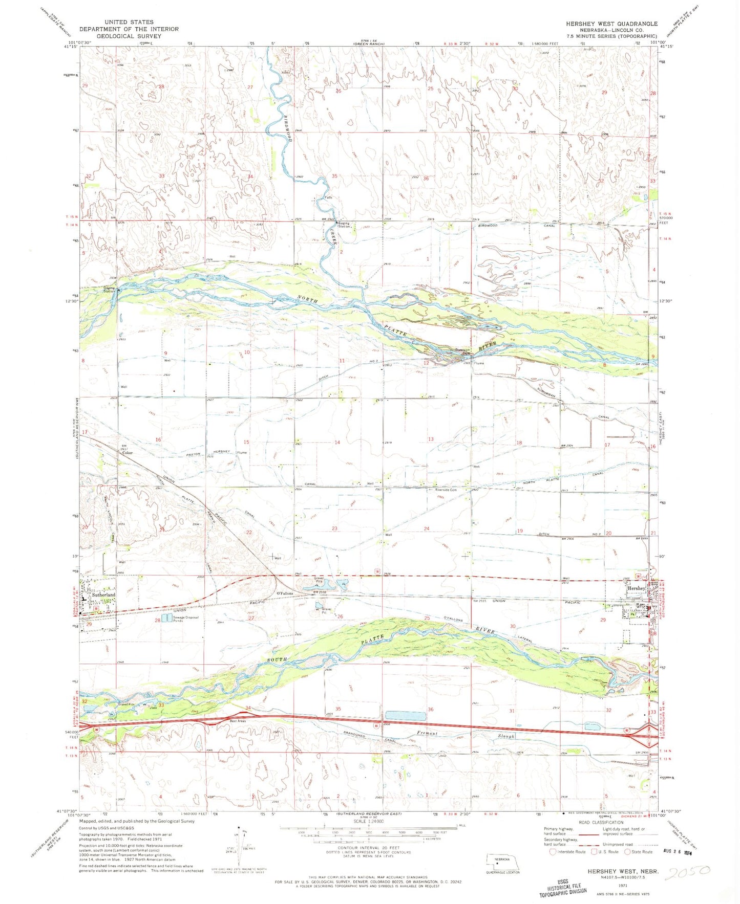 Classic USGS Hershey West Nebraska 7.5'x7.5' Topo Map Image
