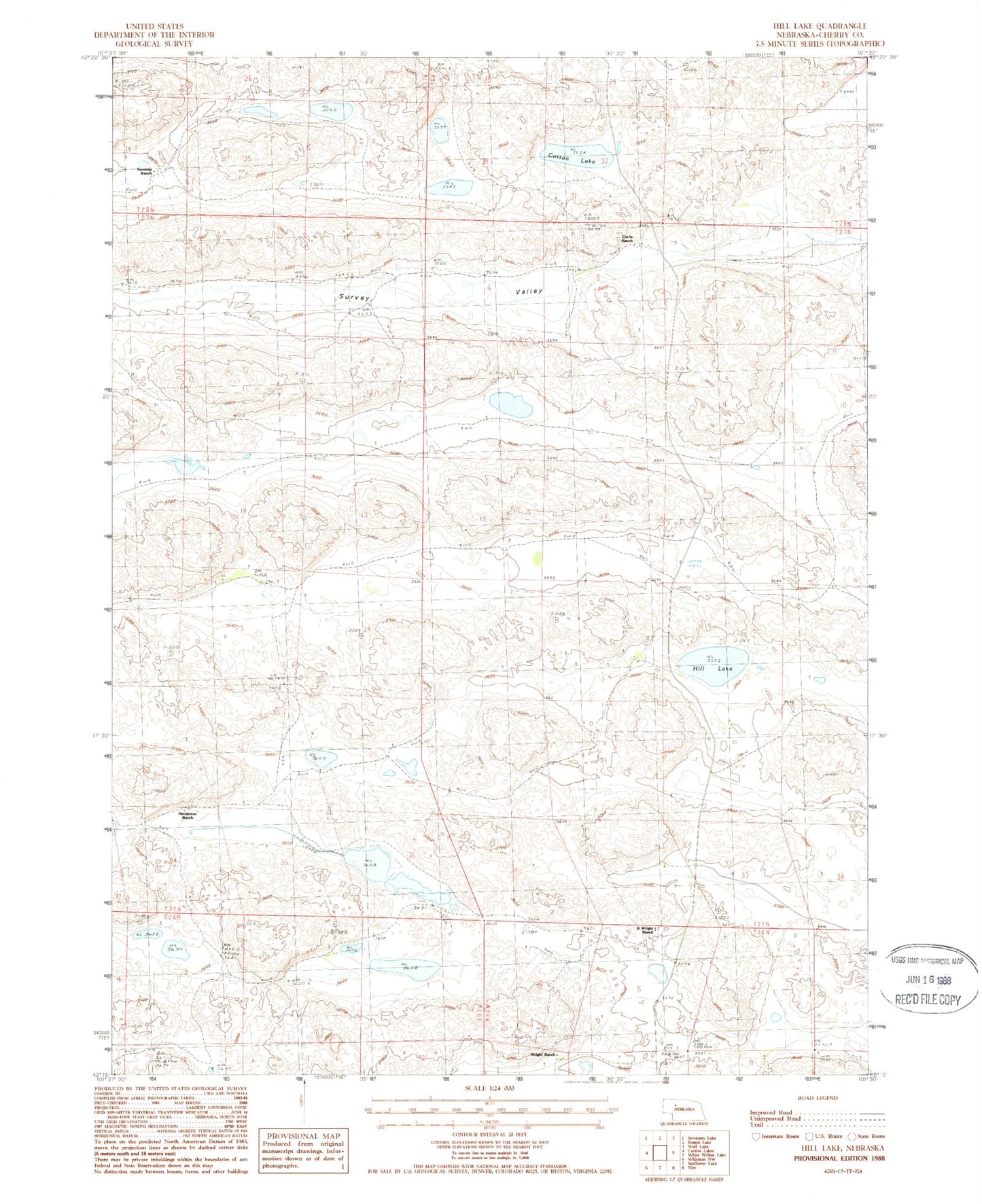 Classic USGS Hill Lake Nebraska 7.5'x7.5' Topo Map Image