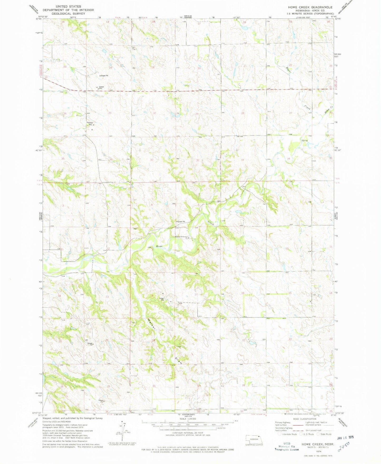 Classic USGS Howe Creek Nebraska 7.5'x7.5' Topo Map Image
